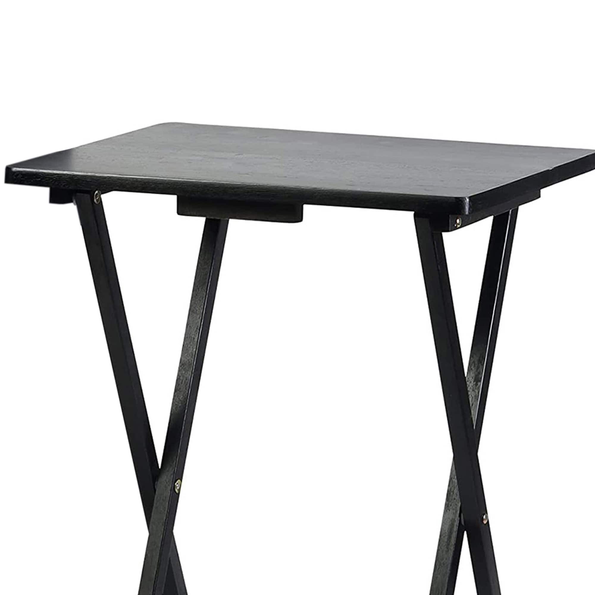 Sleek Black Solid Wood Collapsible TV Tray Set with Storage Rack, 5-Piece