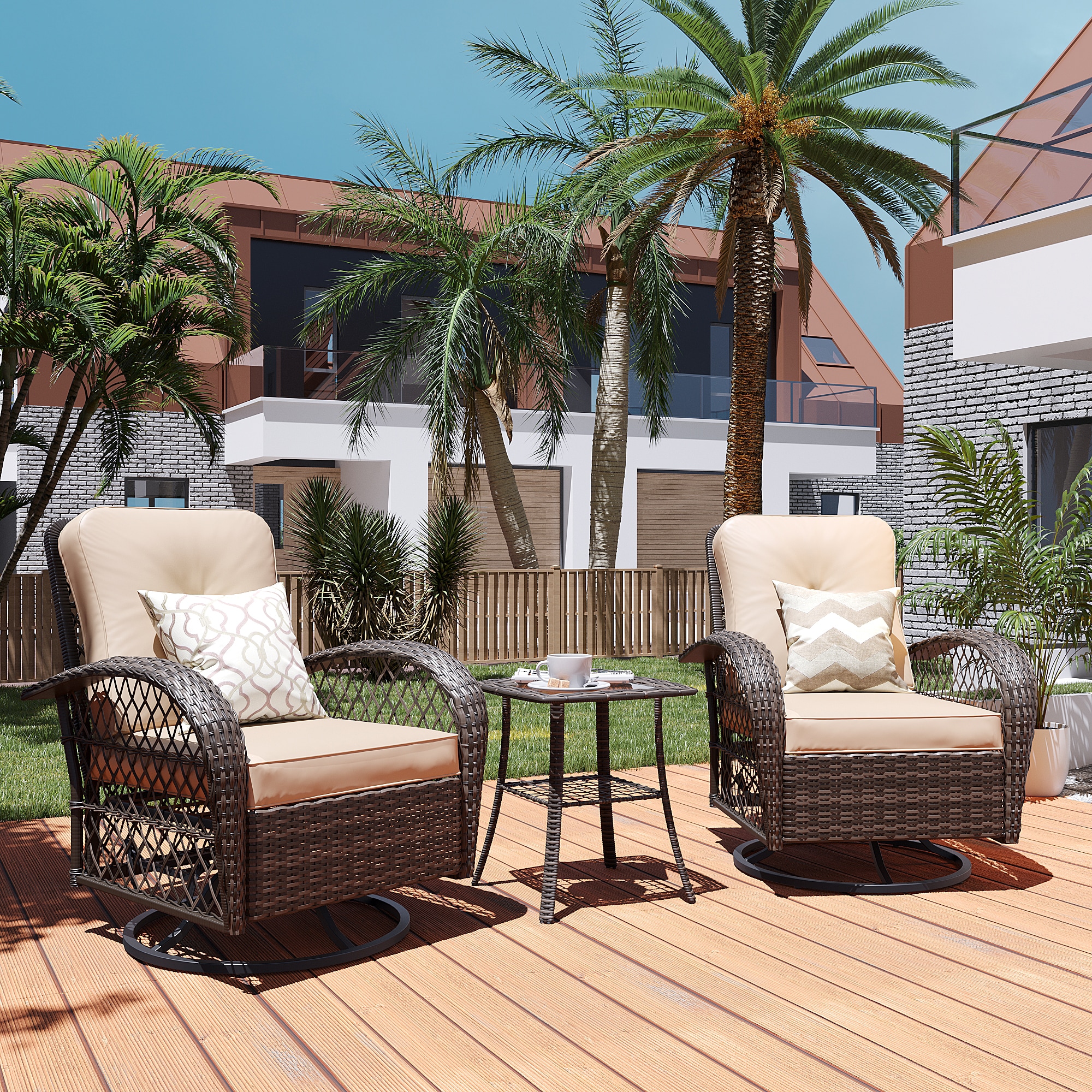Patio Watcher LHY-B-BEIGE-CJ Rocking Chair Rattan with Off-white Cushions