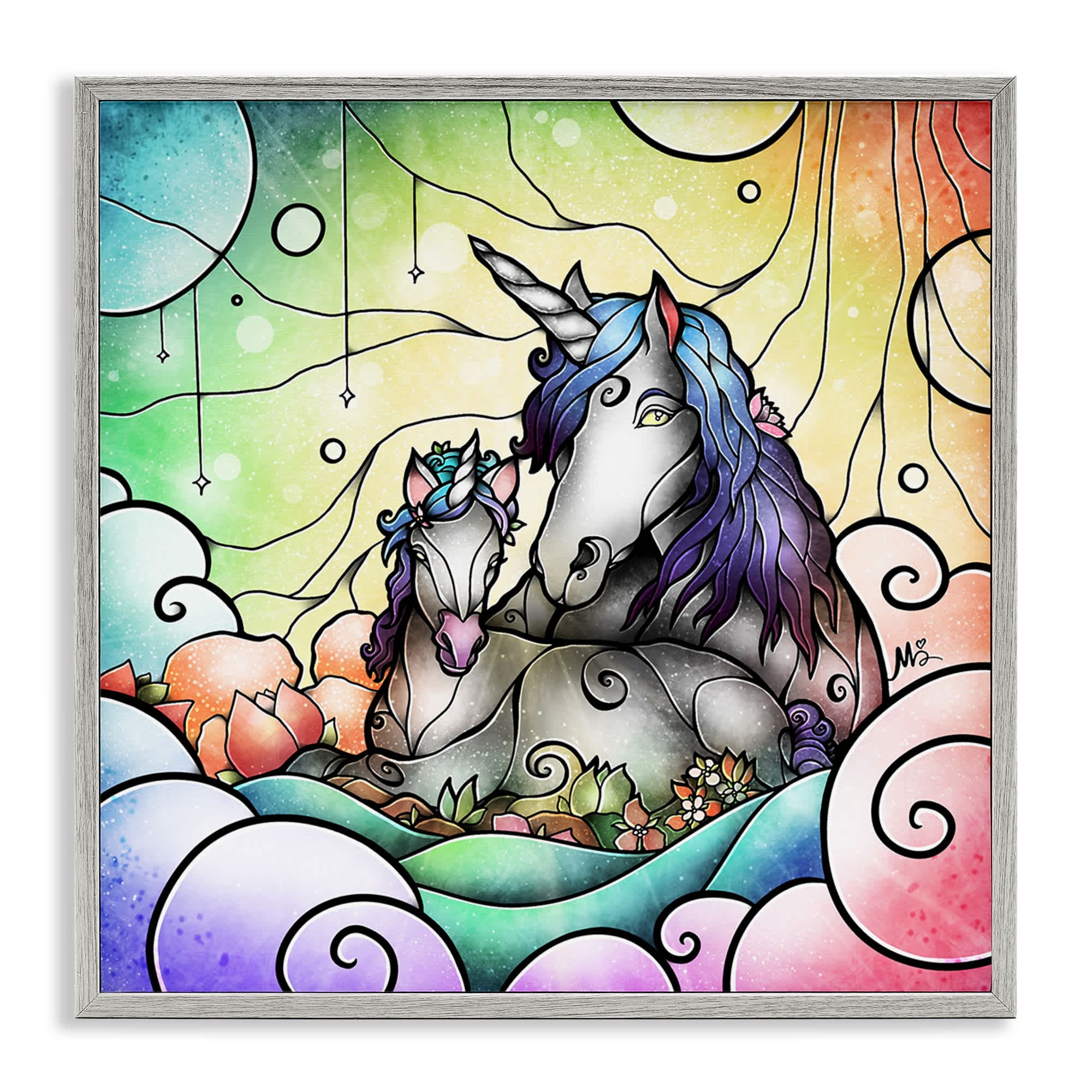 Stupell Industries BS-982-GFF-24X24 Deco Style Unicorns Gray Framed Giclee Art By Mandie Manzano 24 x 24