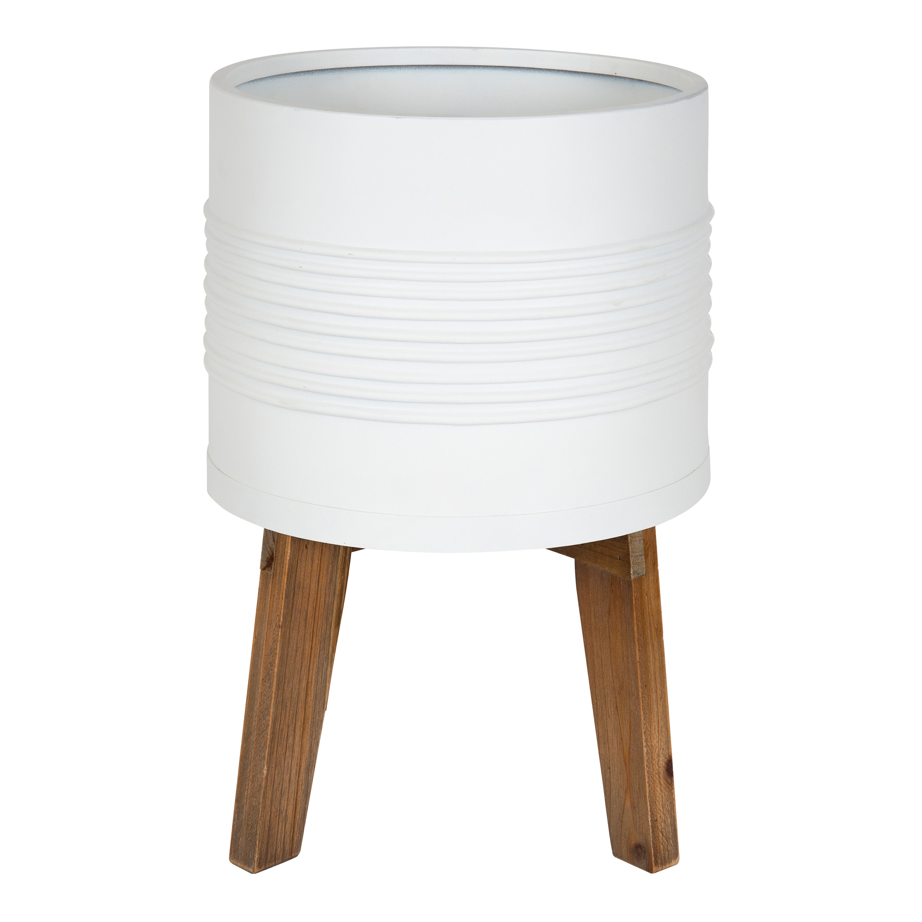 White Metal Planter with Natural Wood Stand, 11.25" Diameter