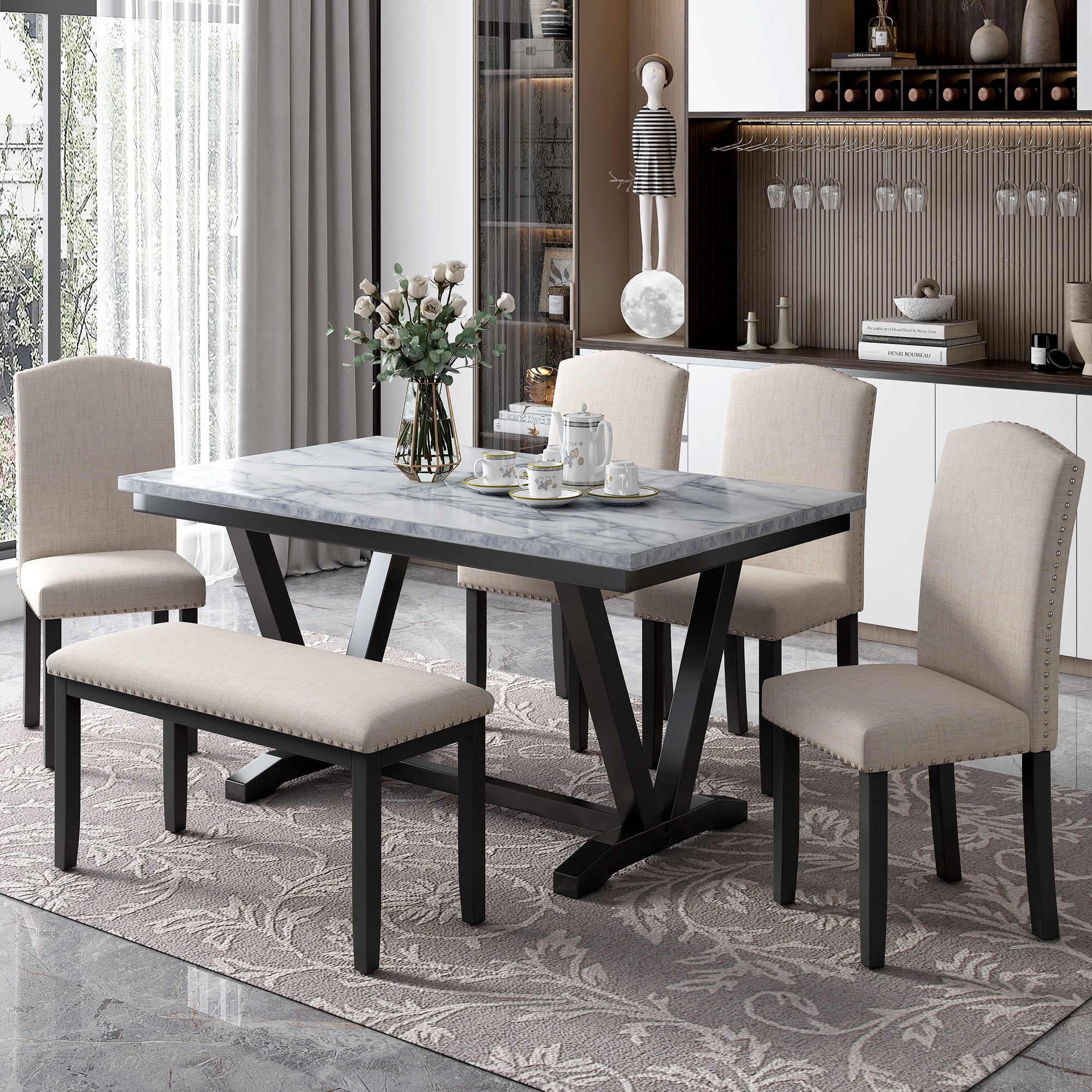 JANSNO DKSELL020 White Rustic Dining Room Set with Rectangular Table ( Seats 6 )