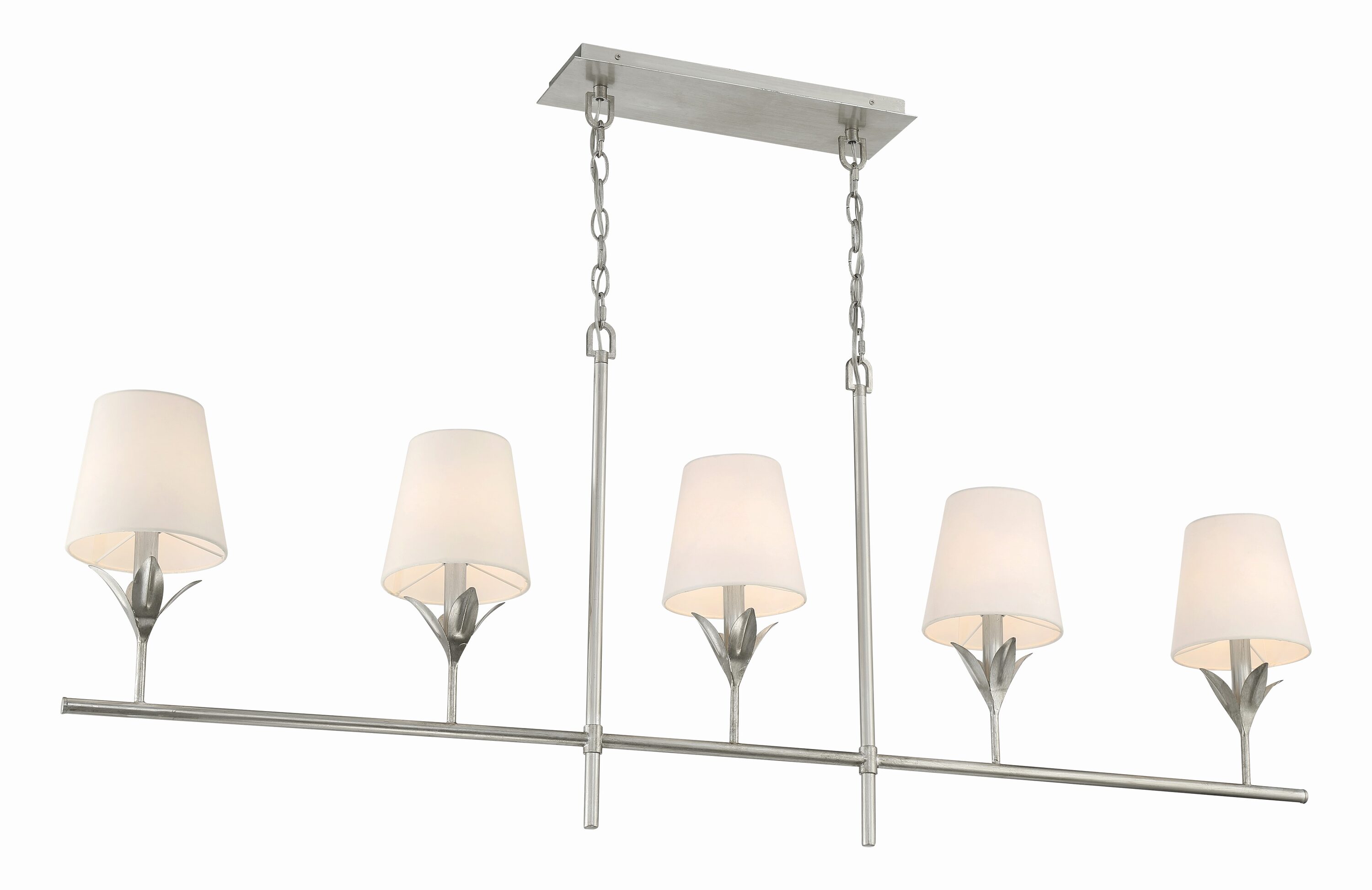 Antique Silver 5-Light Chandelier with White Silk Shades