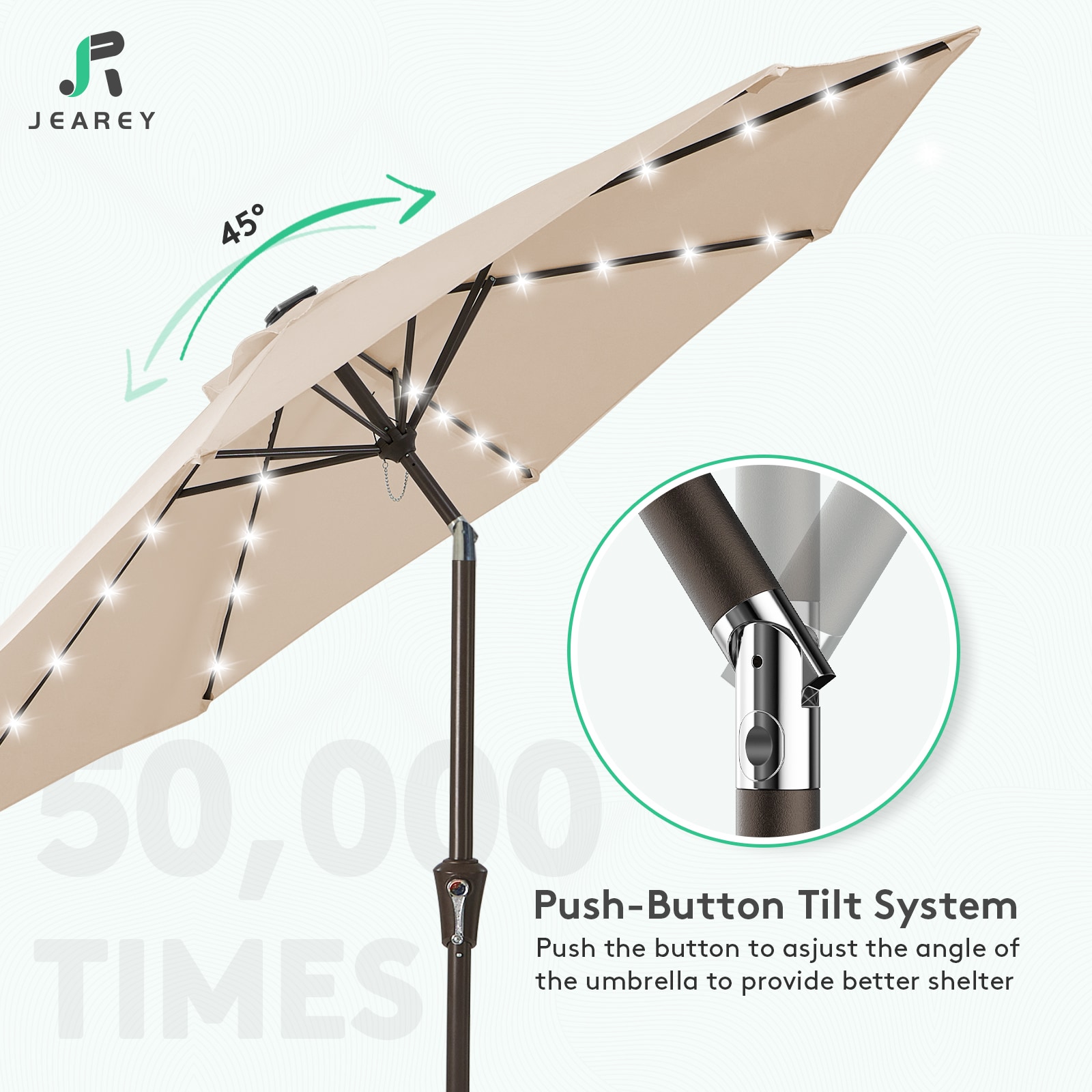 JEAREY 10-ft Steel Beige Crank Market Patio Umbrella with Lights JE ...