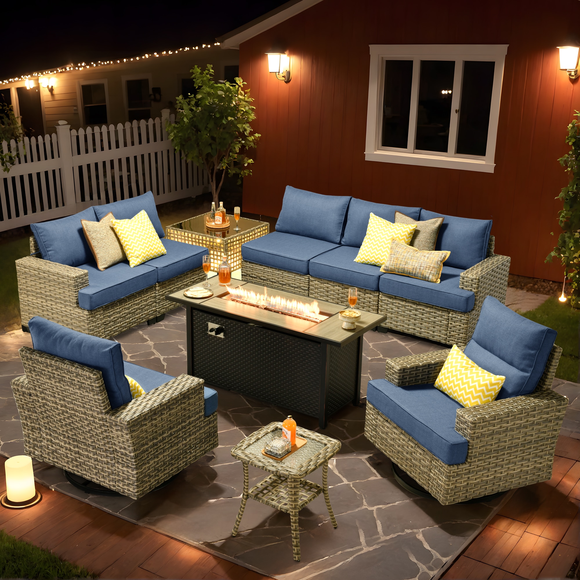 Pouuin SCFPTYZBS509 7 -Piece Wicker Patio Sofa Conversation Set with Light Blue Cushions