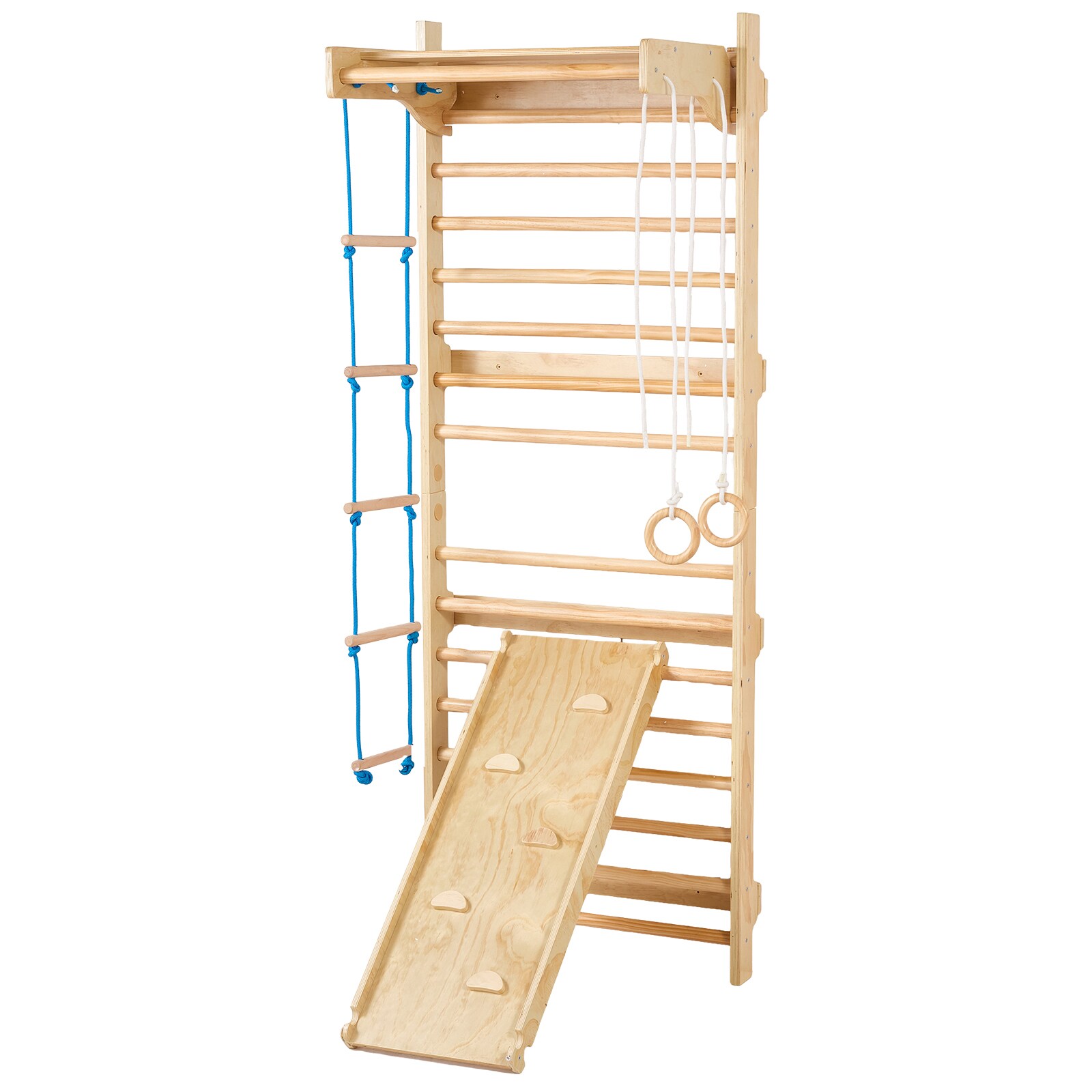 GIVIMO 5-in-1 Swedish Ladder Wall Gym 220-lb Wooden Indoor Climbing Playground with Pull-Up Bar Gymnastic Rings Wall Ladder Rope Ladder Slide Board