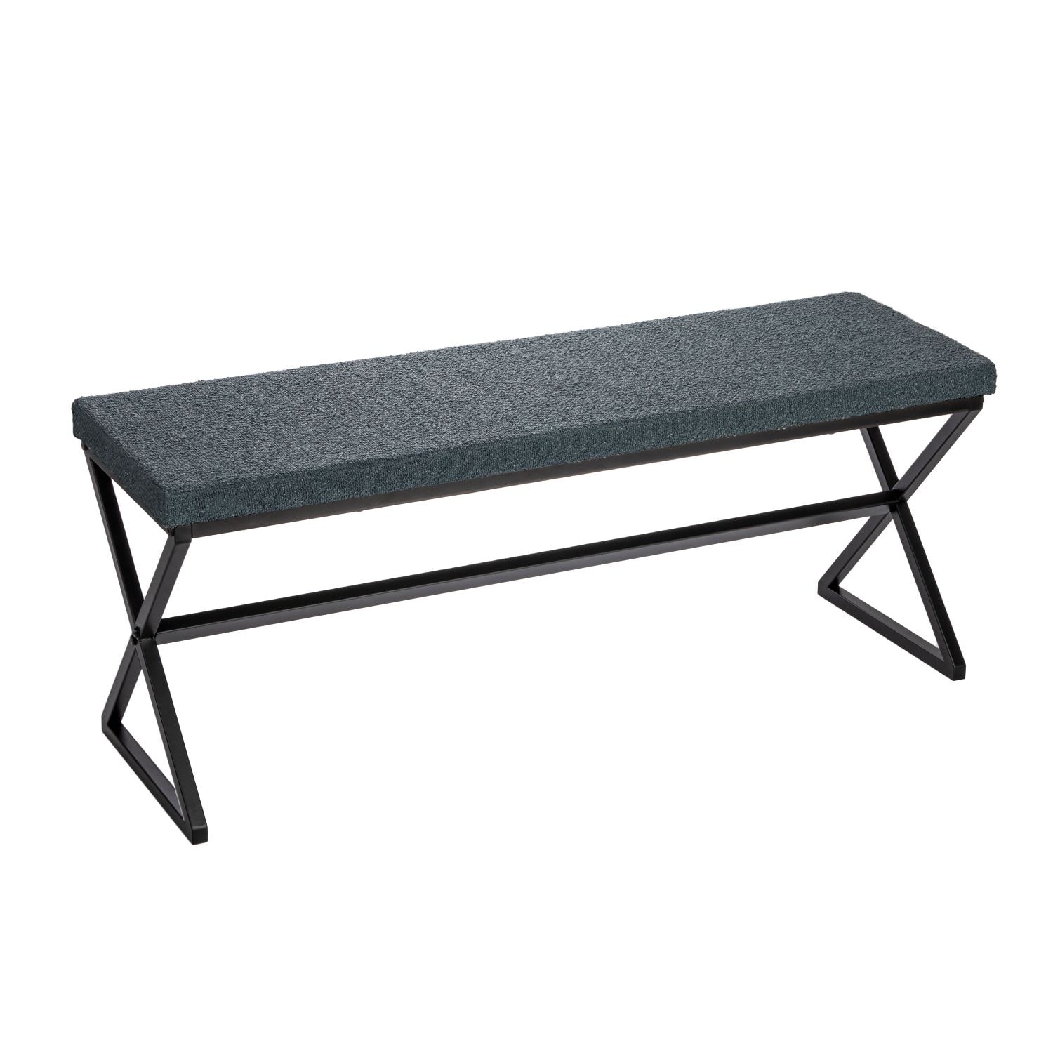 Household Essentials HE1051 Harper Metal Bench with Boucle Upholstered Cushion Blue Grey and Black