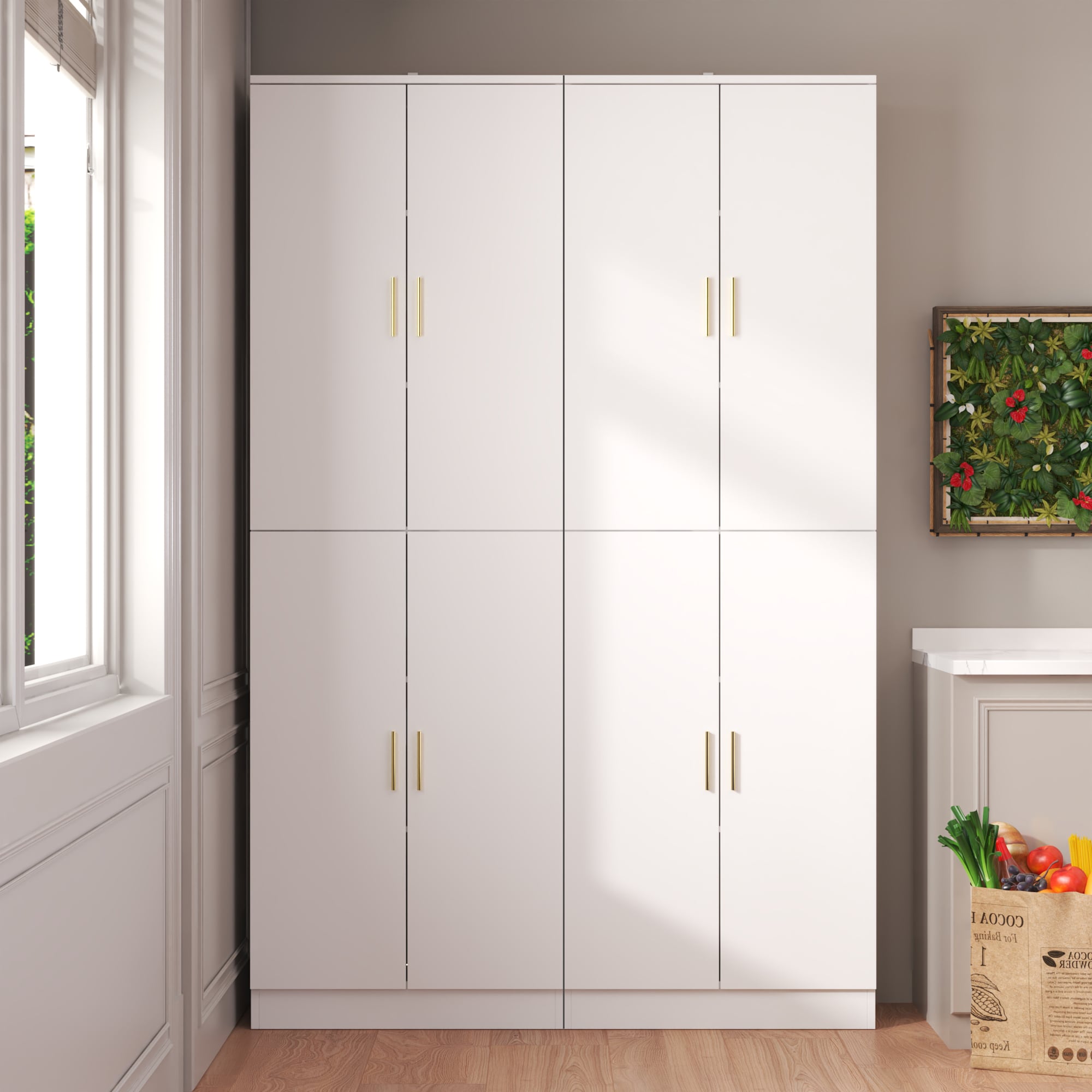 Homsee -  71 Inch High White Food Pantry with 8 Doors and Adjustable Shelves Modern Storage Cabin...