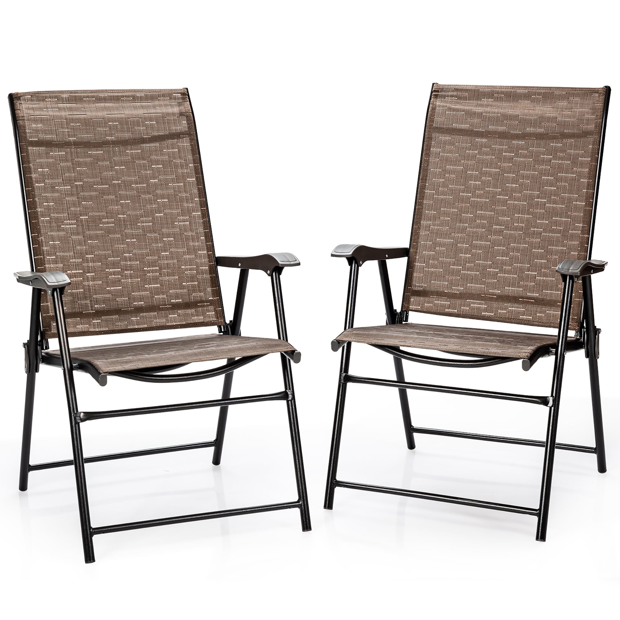 Brown Steel Frame Foldable Patio Dining Chairs with Mesh Seats, Set of 2
