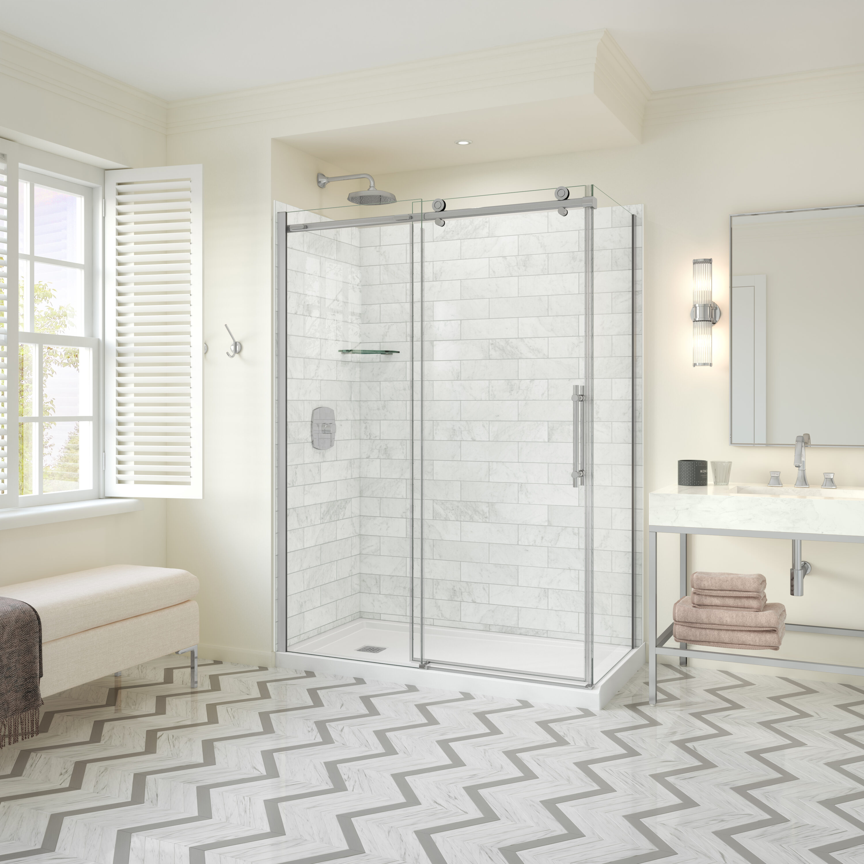 MAAX 107546-900-084-000 Odyssey Chrome 57-in to 59-in W x 78-in H Frameless Sliding Soft Close Shower door 5/16-in Thick Clear Glass