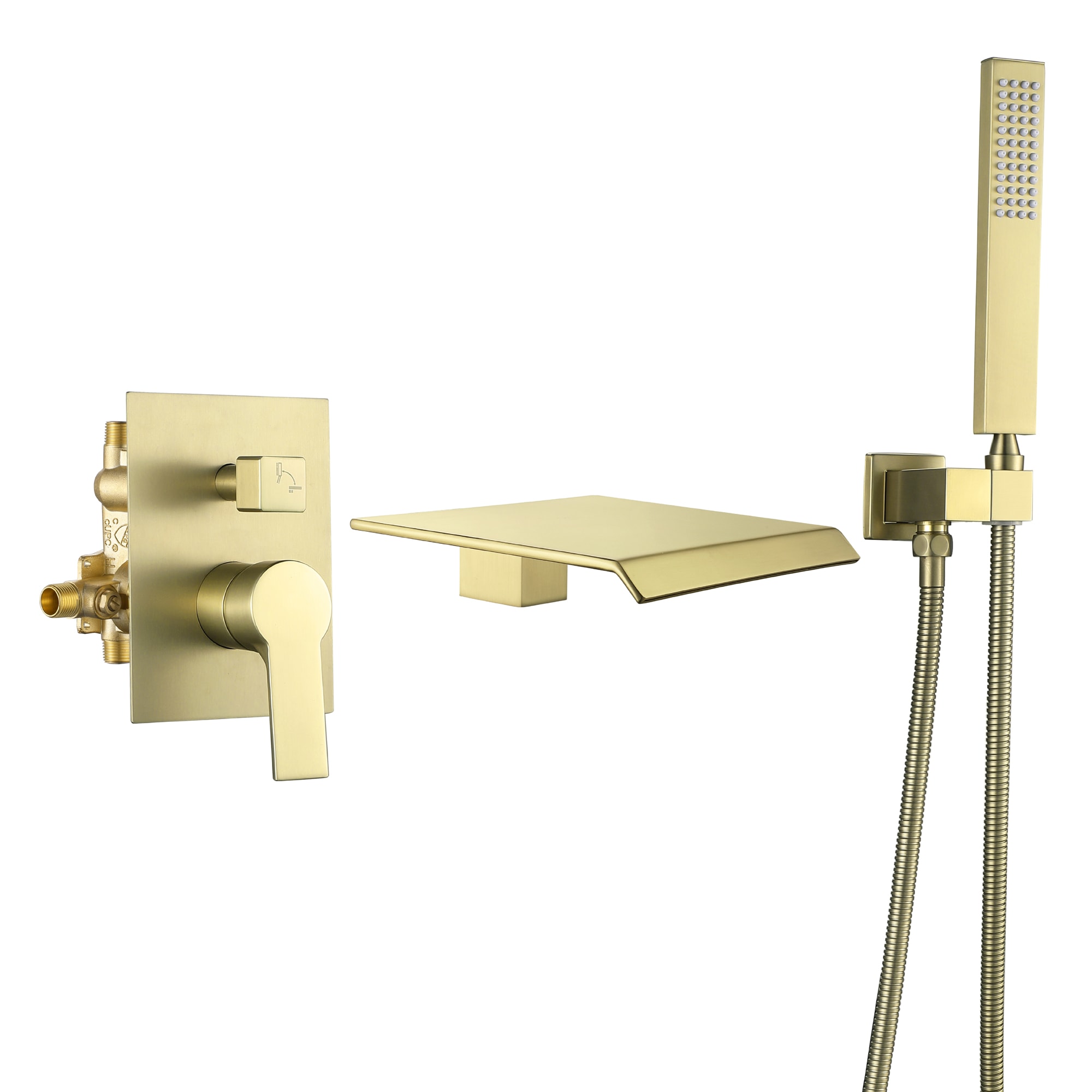 WELLFOR SPA-88021BG Brushed Gold 1-handle Wall-mount Waterfall Bathtub Faucet with Hand Shower ( Valve Included )