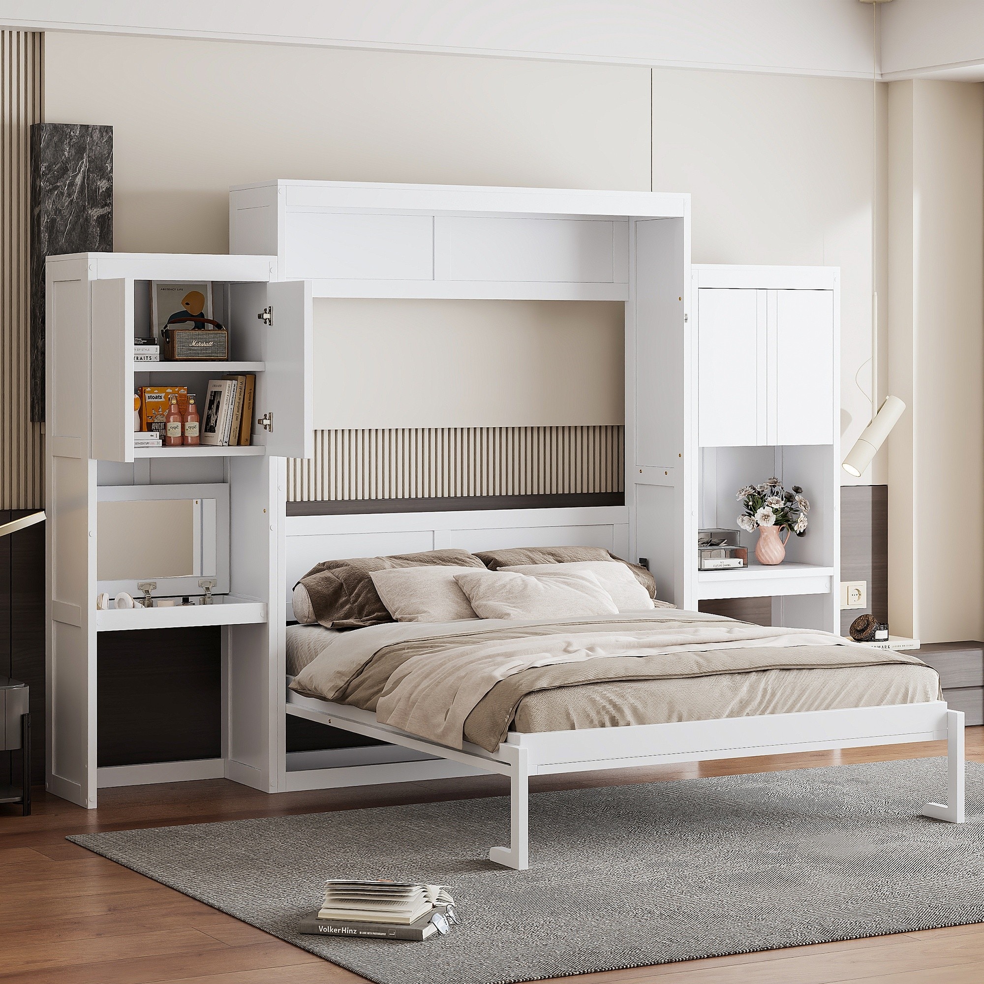 Horizons Prime Queen Size White/Espresso Murphy Bed with Desk Vanity and Cabinets with Space-Saving Multi-Functional Design