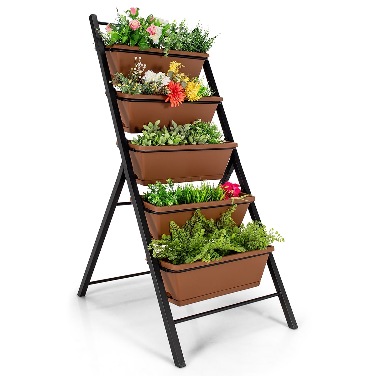 Costway CSHY000729 5-tier Vertical Garden Planter Box Elevated Raised Bed w/5 Container Brown