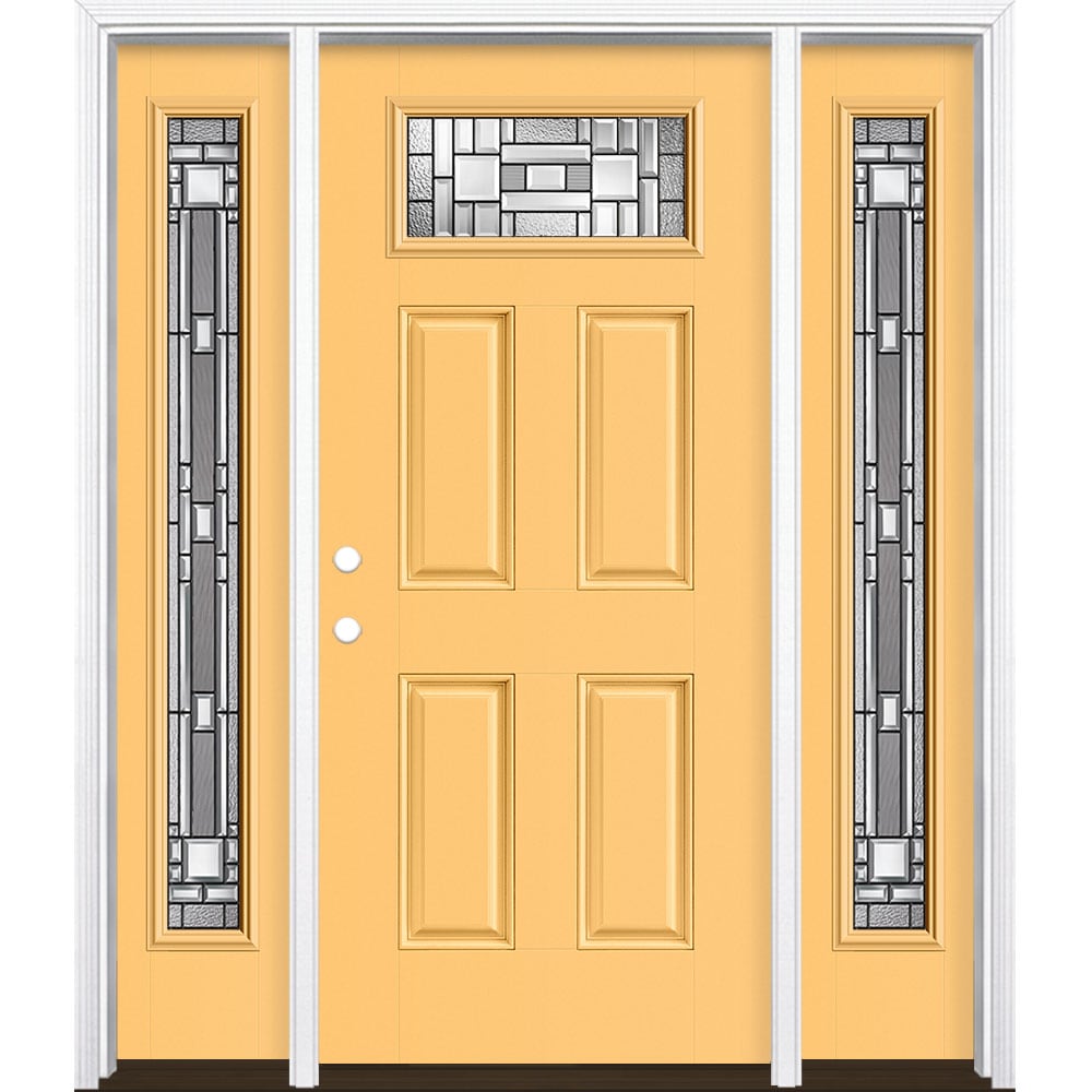 Masonite 3421360 Naples 64-in x 80-in x 4-9/16-in Fiberglass 1/4 lite Right-hand inswing Cabana Yellow Painted Prehung Single door with sidelights Front Door with Brickmould Insulating core Decorative glass