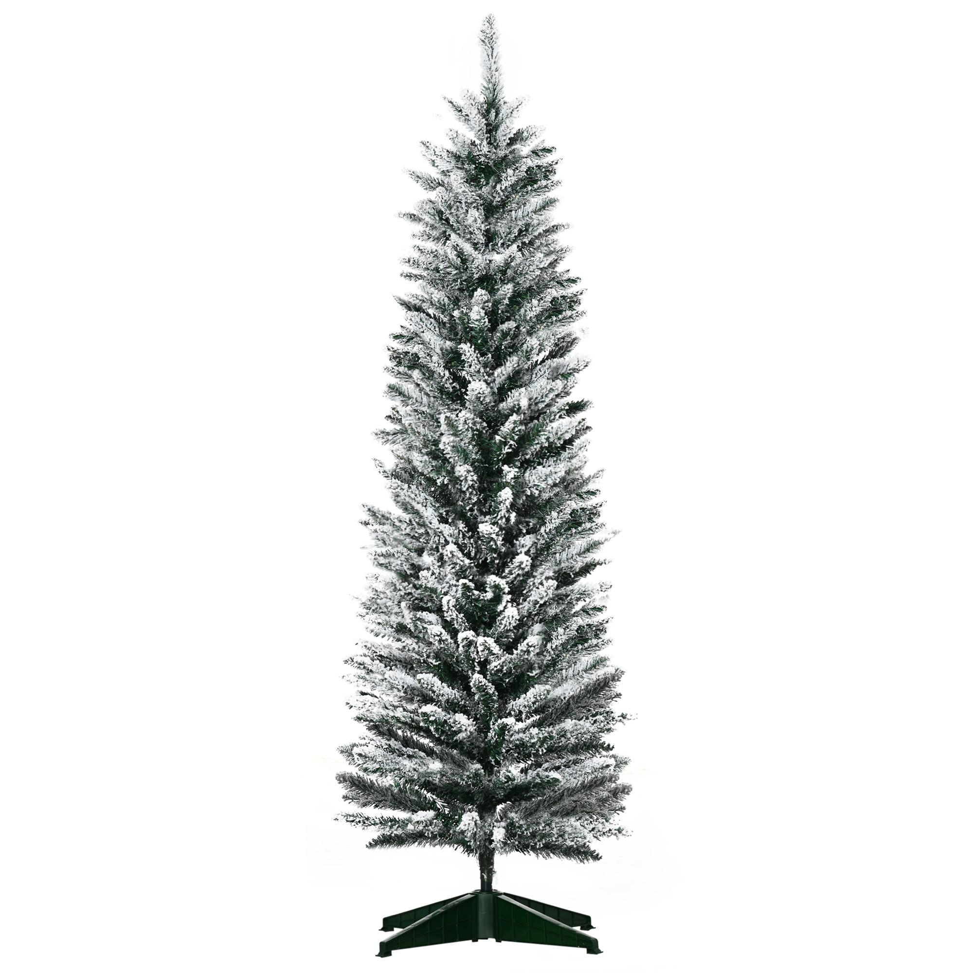 HomCom  5 Snow Flocked Artificial Pencil Christmas Tree Slim Xmas Tree with Realistic Branches and Plastic Base Stand for Indoor Decoration Green