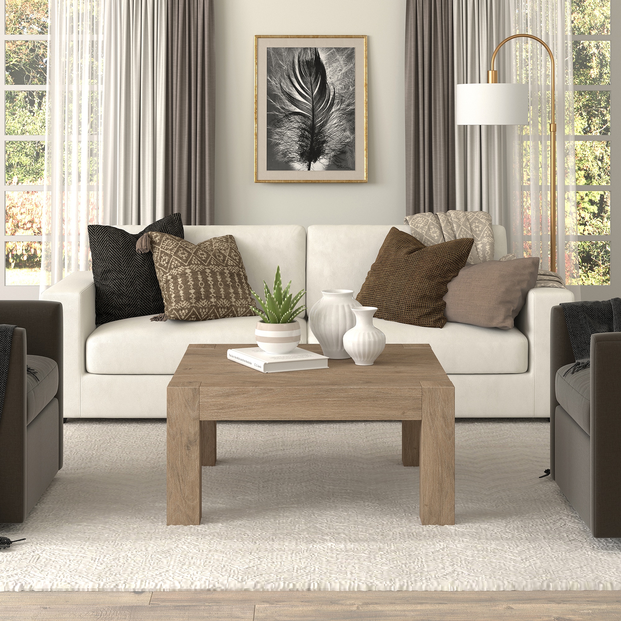 Antiqued Gray Oak Square MDF Coffee Table, 34 Inch