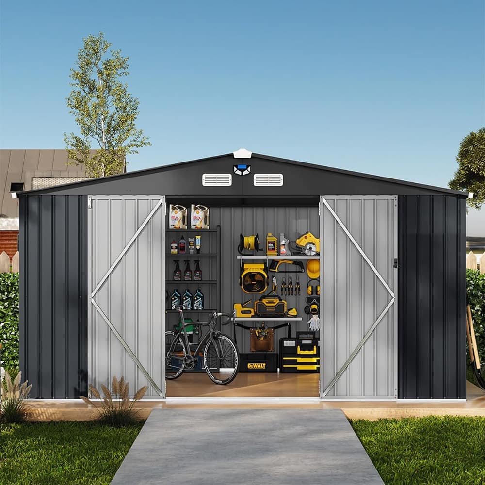Qeetex SUN-PPG-3385Z4P5 10 x 8 ft Outdoor Metal Storage Shed with Windows and Lockable Doors Heavy-Duty Garden Tool Shed Dark Gray