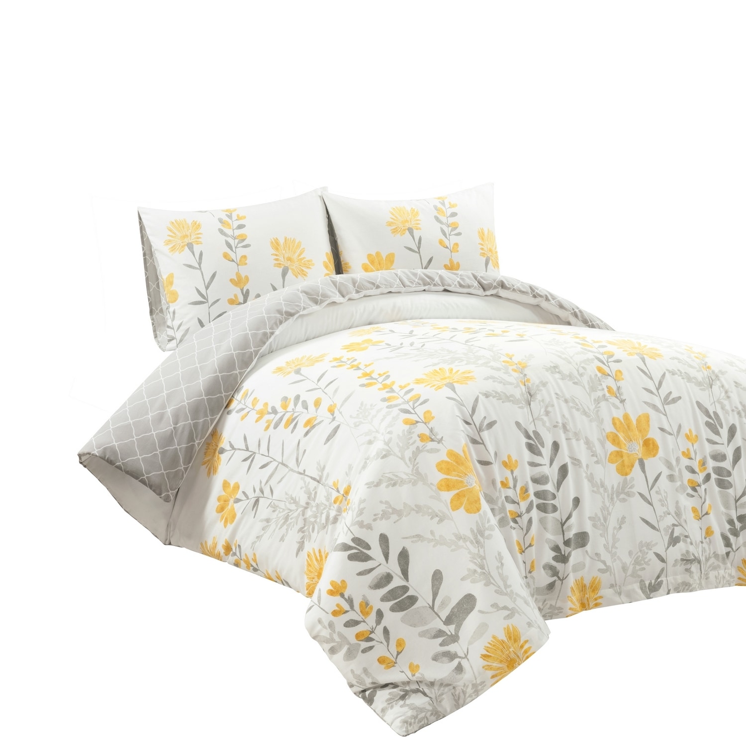 Aprile Full/Queen Yellow and Gray Cotton Floral Duvet Cover Set