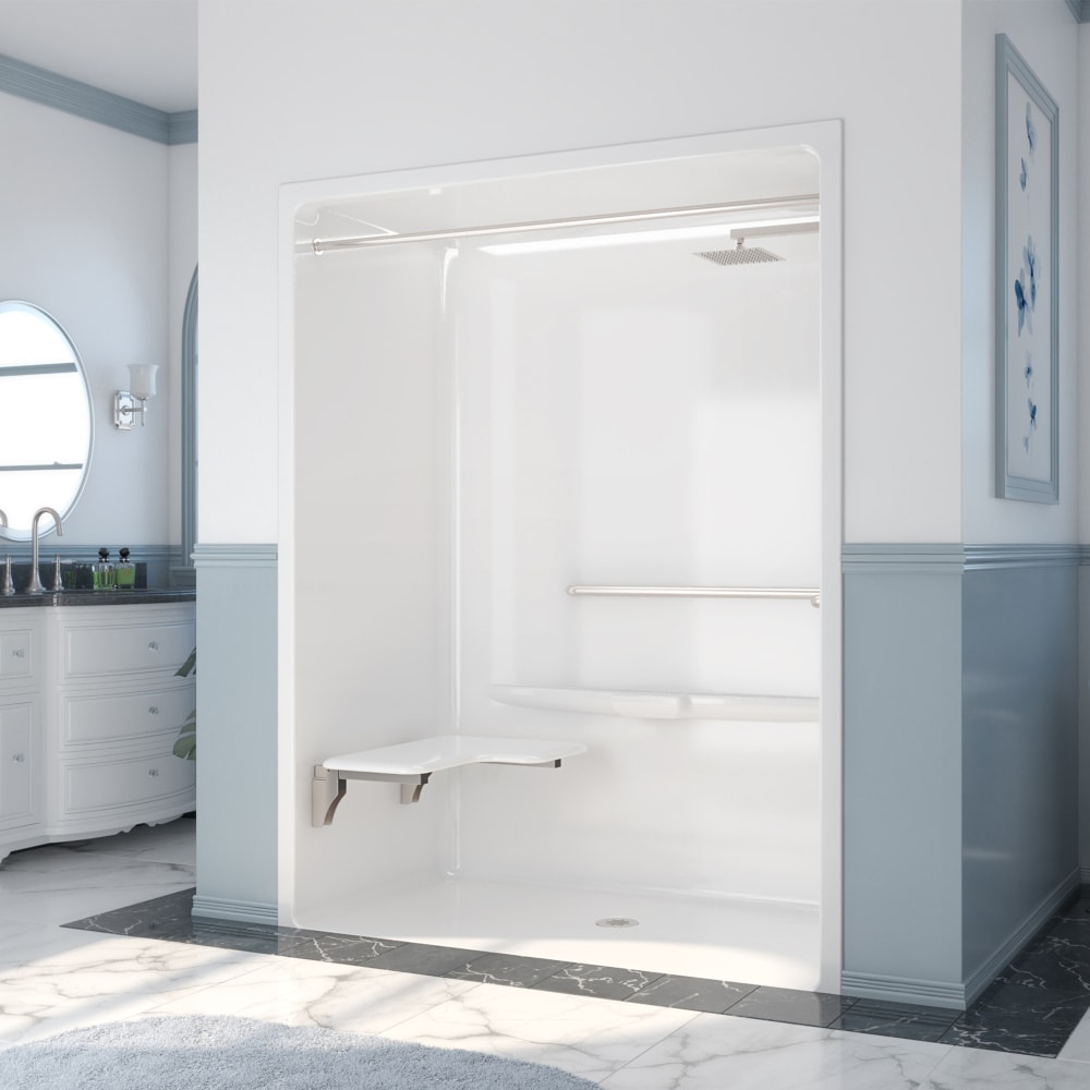 Laurel Mountain LM6430BFL064 Toone ADA Roll-In Zero Threshold-Barrier Free 30-in W x 66-in L x 82-in H Rectangular One-piece shower kit ( Center Drain) with Folding Seat Base and Wall Included and Drain Included Brushed stainless steel Hardware Included
