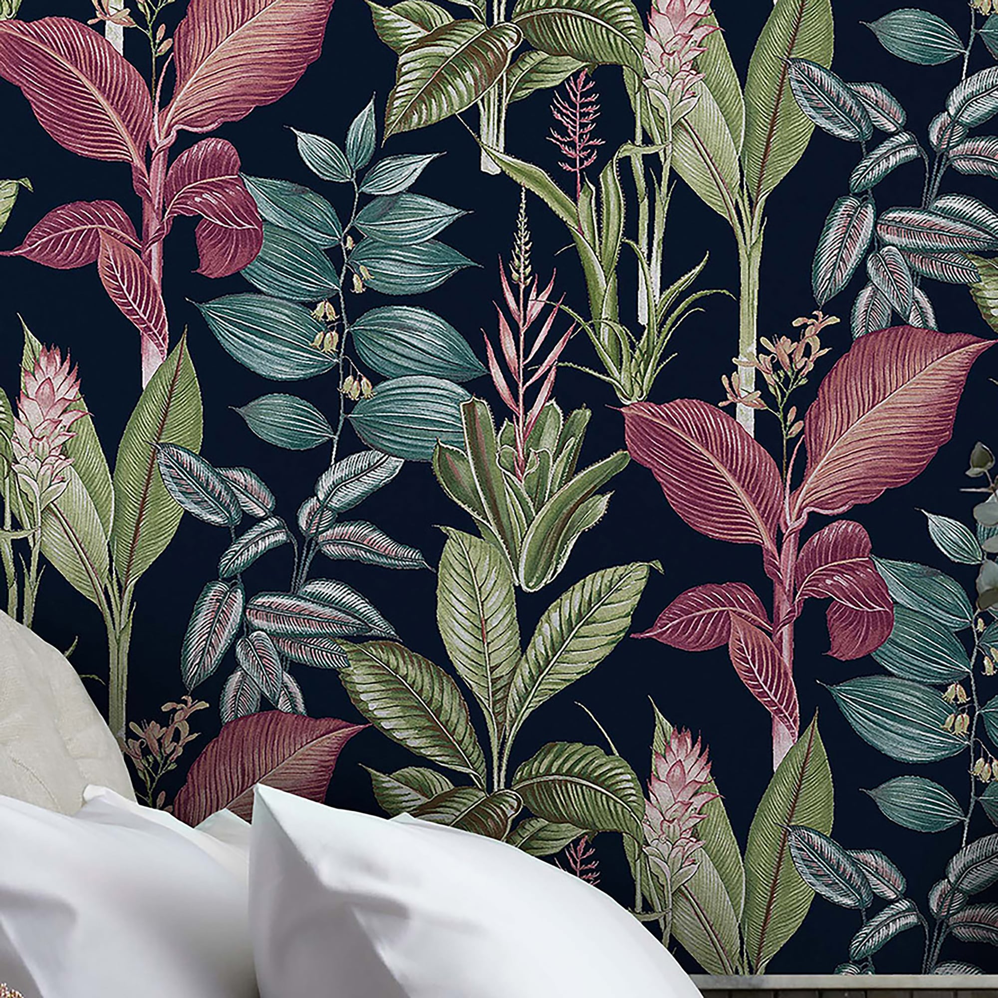 Fantasy Rainforest Leaves Navy Matte Botanical Wallpaper Roll