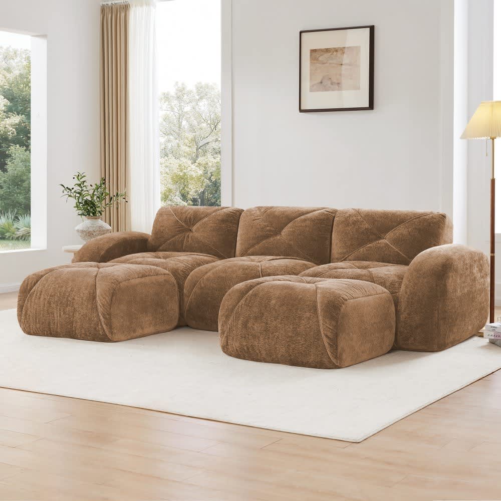 Coolbibila 111-in U-Shaped Red Velvet Modular Sectional Sofa Deep