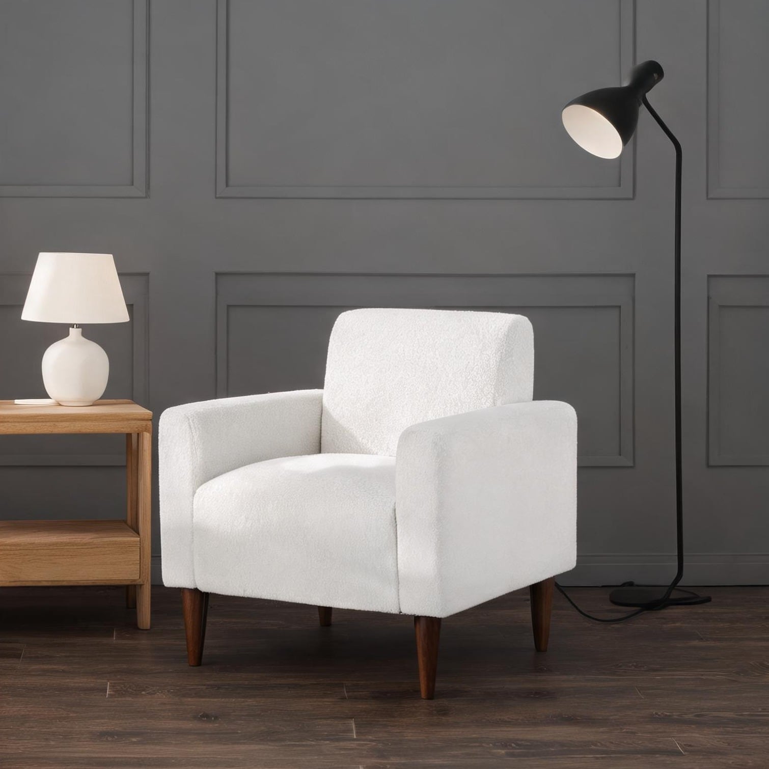 chillscreamni - Soft White Boucle Modern Arm Chair with Solid Tapered Wood Legs 29.75W x 34.25H I...