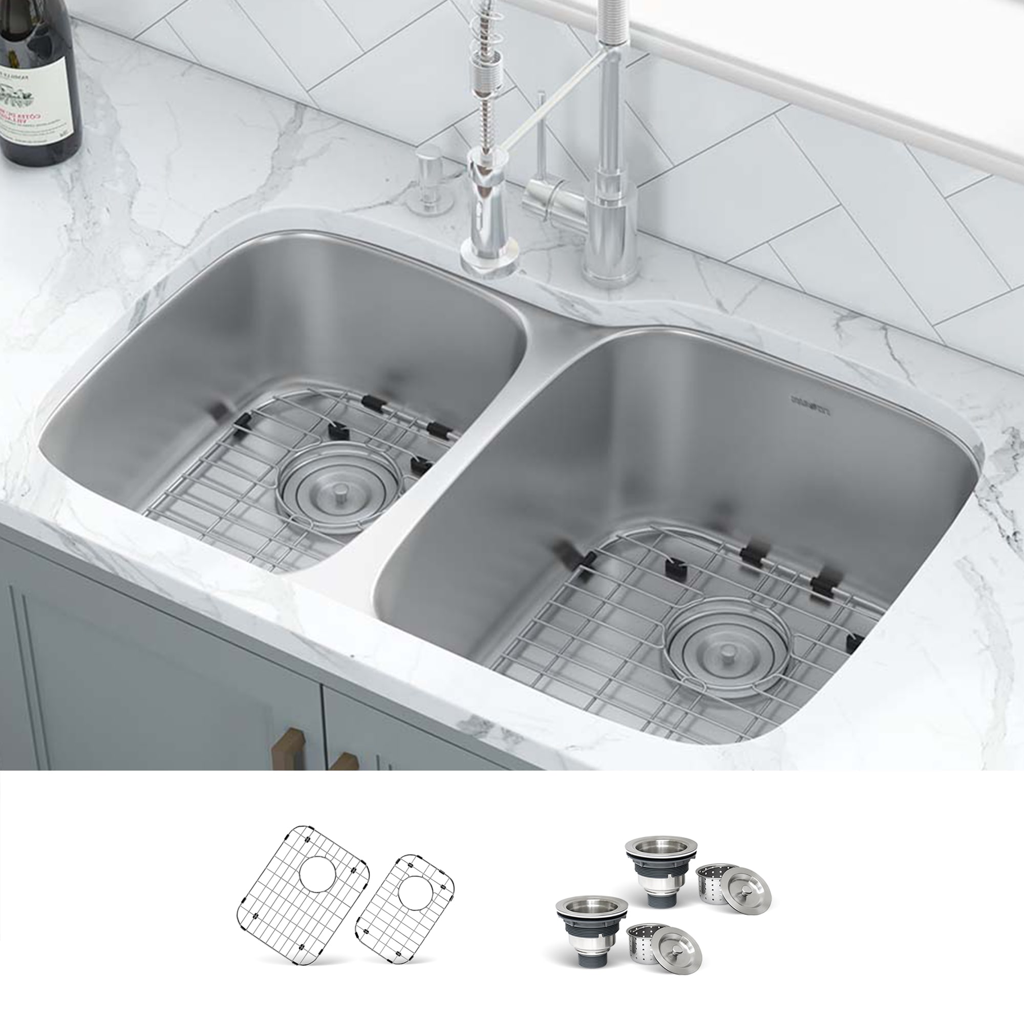 Ruvati RVM4310 Parmi Undermount 32-Inches x 21-Inches Stainless steel Double offset bowl 16 -Gauge Kitchen Sink