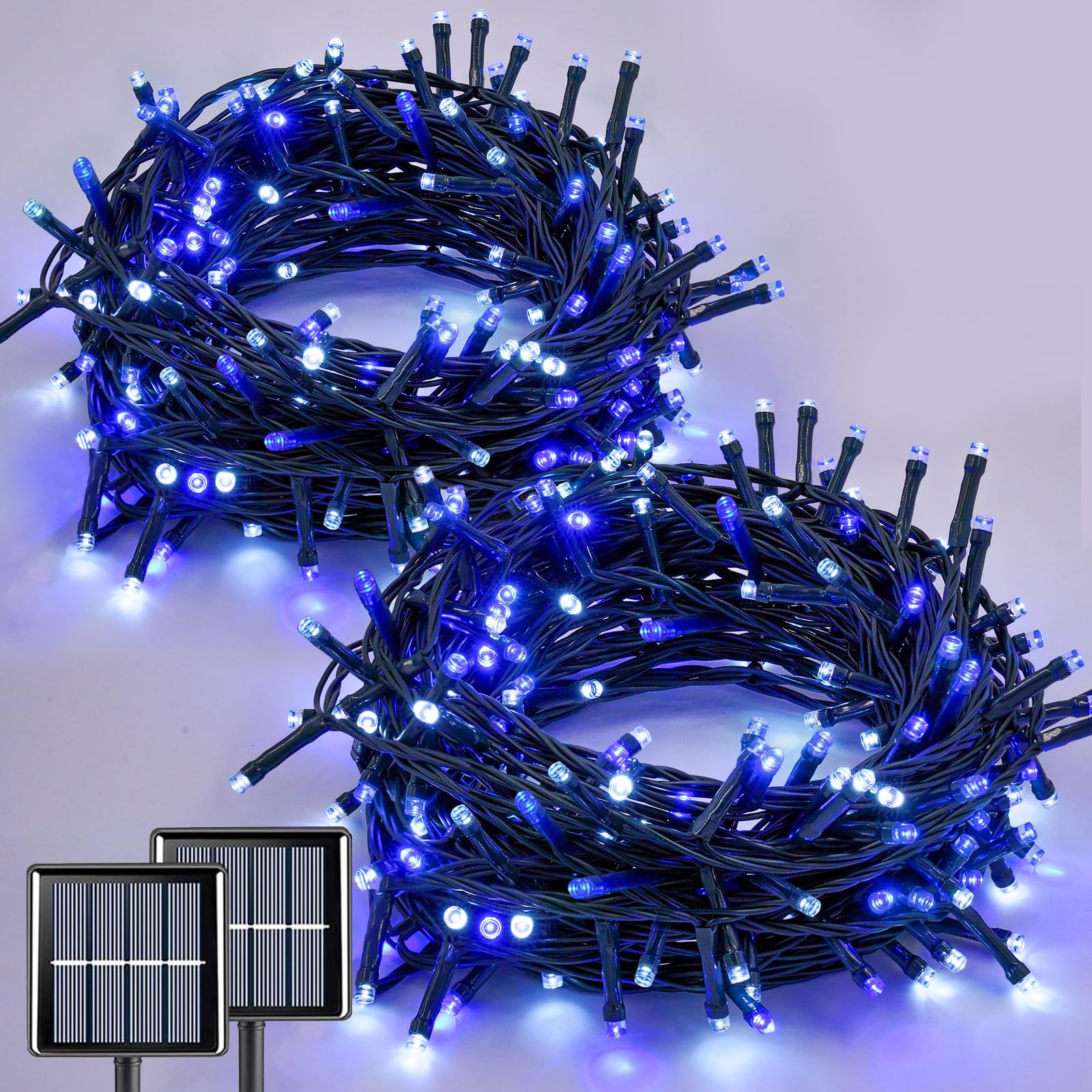 LAIFUCAM  2 pack blue and white solar Christmas string lights 200 LED each 66 ft outdoor waterproof 8 modes twinkle lights for garden patio yard