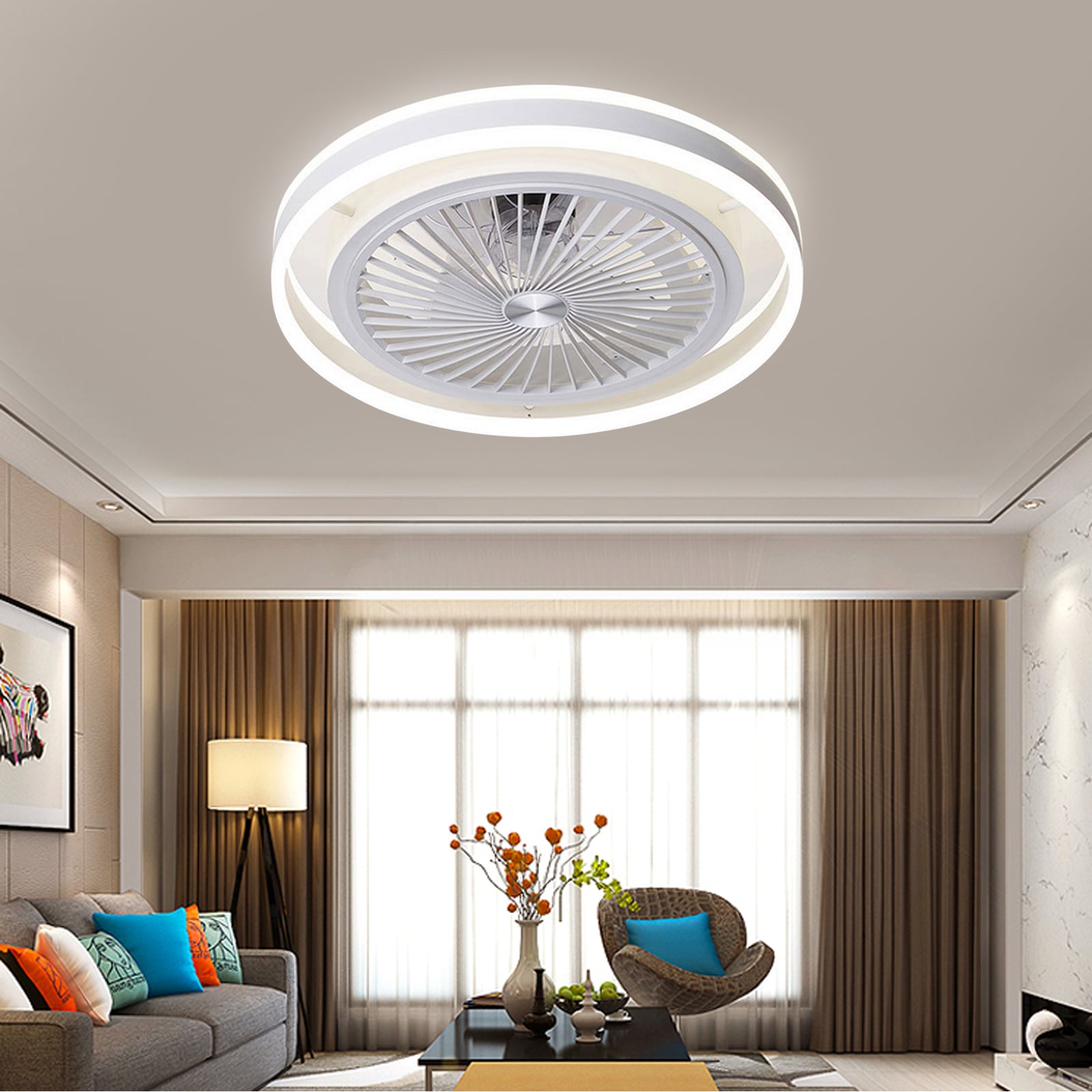 Oukaning JZUCODE4NSMLD 19.69-in Color-Changing Flush Mount White with ABS Blades Bladeless Ceiling Fan With Light and Remote ( 3 -Blade )