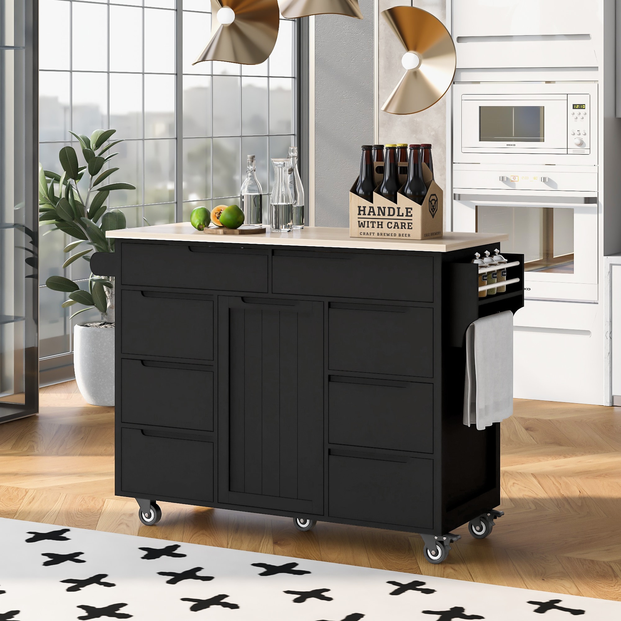 BABOOM BOM-0002AAB-OR Black MDF Base with Wood Wood Top Rolling Kitchen Island ( 18.5-in x 53.1-in x 37-in )