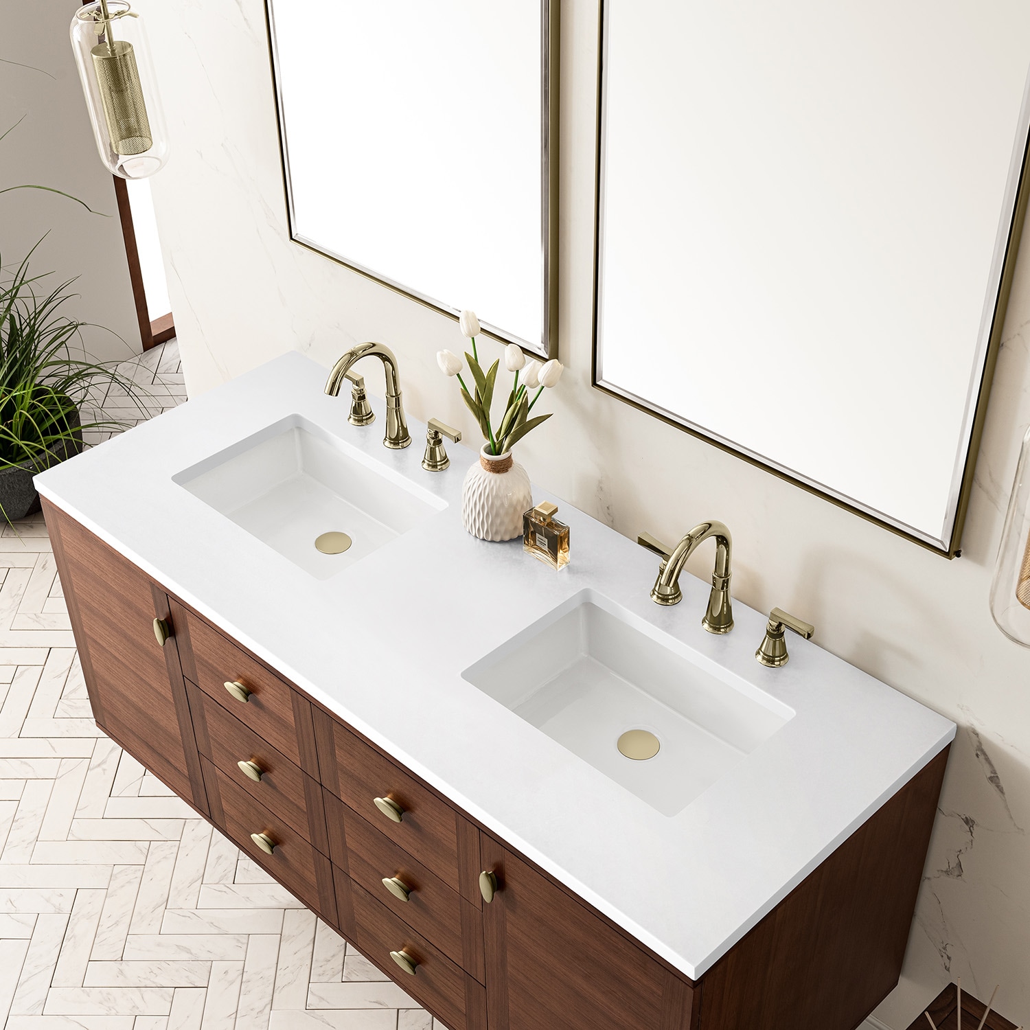 Amberly 60" Walnut Double Vanity with White Quartz Top