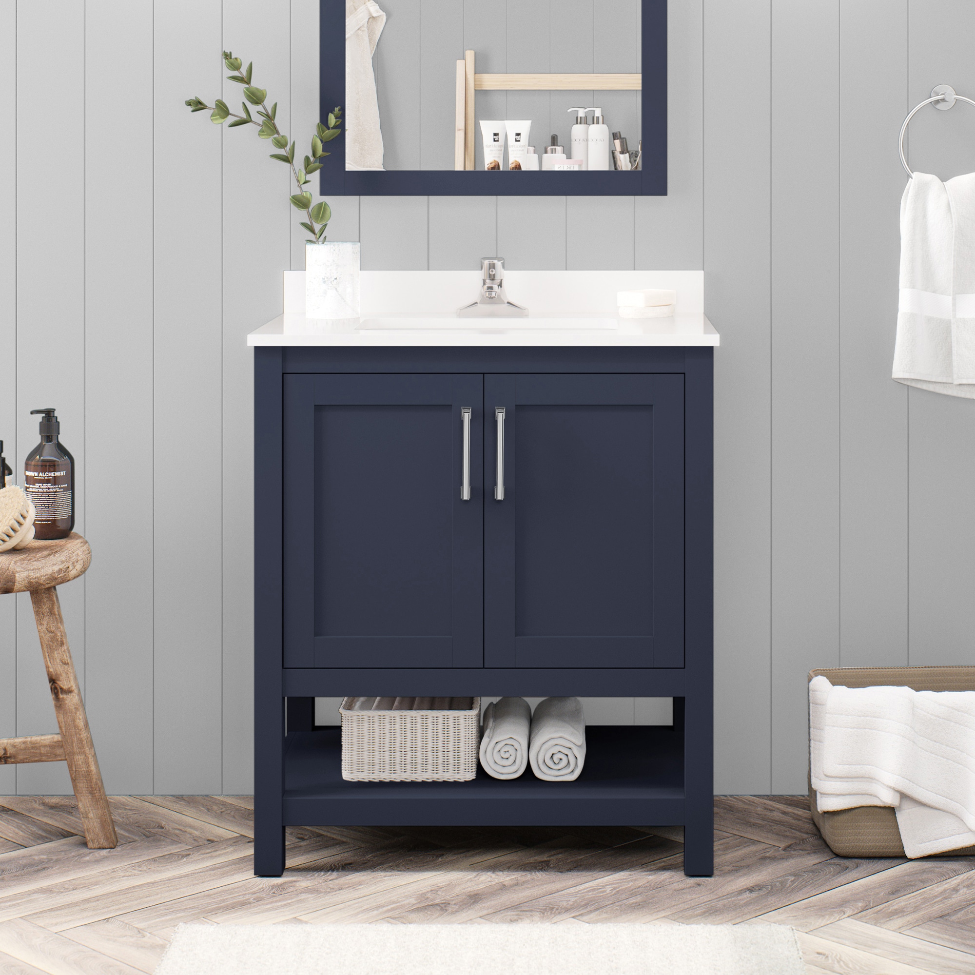 OVE Decors 15VVAR-ALBU30-045 Albury 30-in Midnight blue Undermount Single sink Bathroom Vanity with White Engineered marble Top