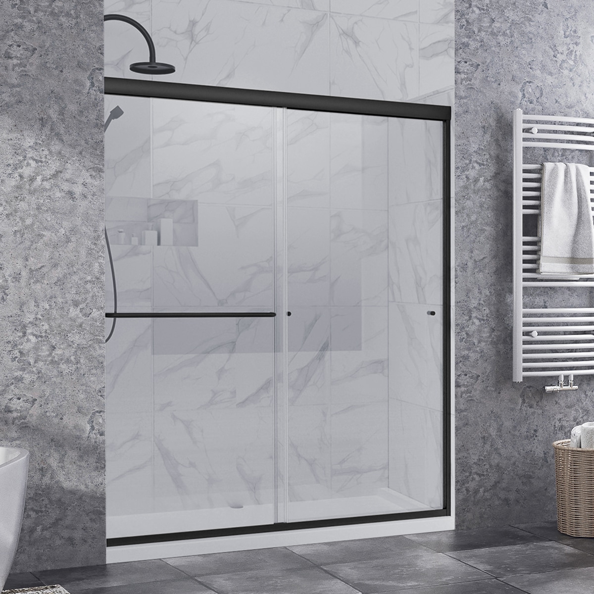 WELLFOR KAFMD1F2-5424 SD Track Sliding Shower Door Matte Black 56-in to 60-in W x 70-in H Frameless Sliding Shower Door 3/8-in Thick Clear Glass