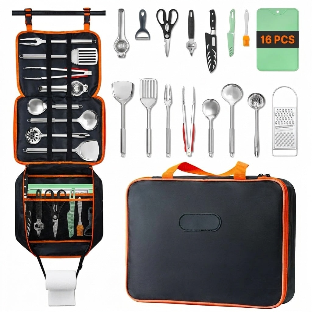 Etokfoks  Stainless Steel Cooking Utensil Kit 16 pcs Camp Kitchen Set Outdoor BBQ RV Essentials with Organizer Bag