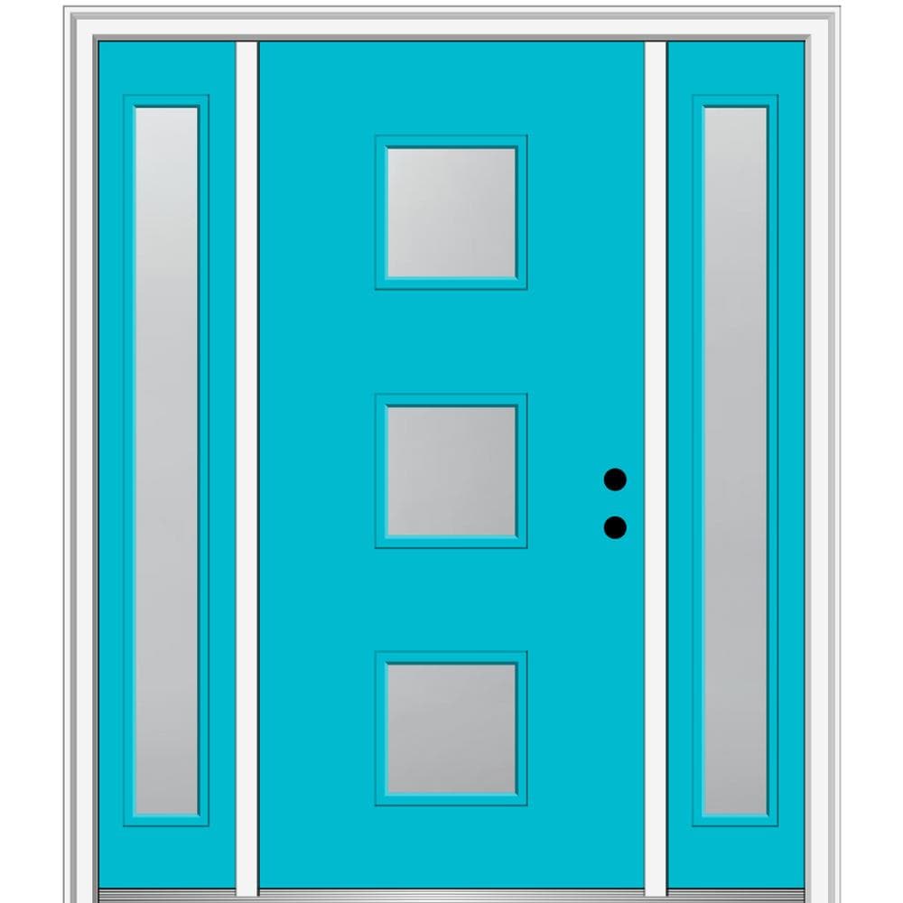 MMI DOOR ZZ350095L Spotlights 64-in x 80-in x 6-9/16-in Fiberglass Pulse lite Left-hand inswing Bahama Blue Painted Prehung Front Door with Sidelights with Brickmould Insulating core