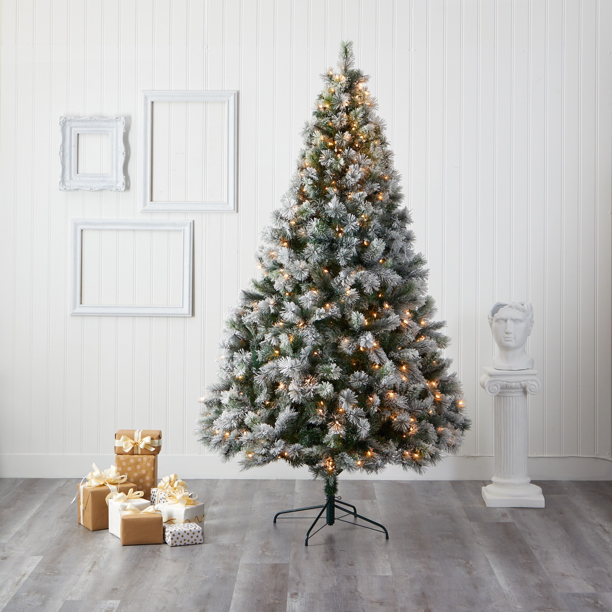 Nearly Natural 8-ft Pine Pre-lit Flocked Artificial Christmas Tree with ...