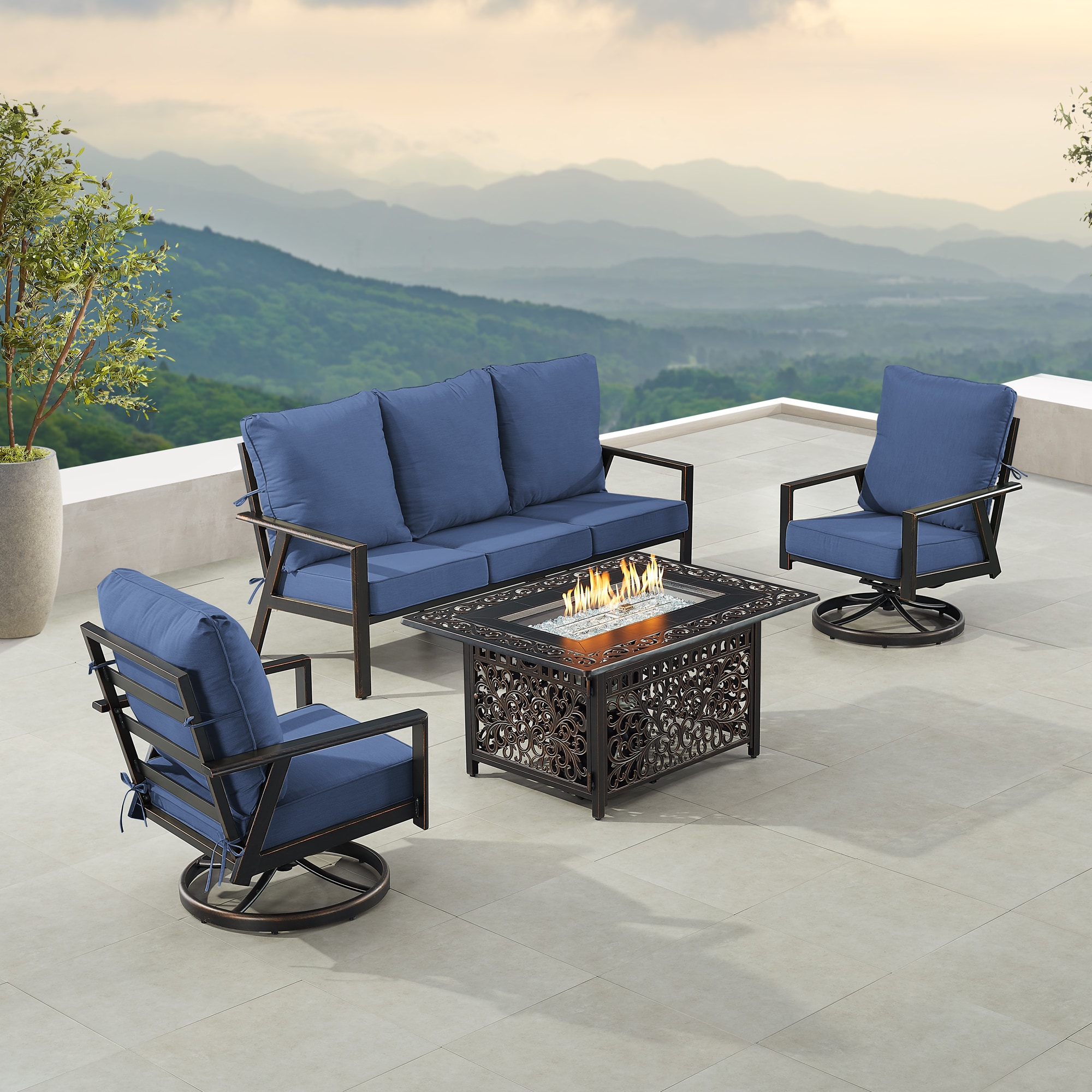 Oakland Living LUX1SF2CHCABOSBLCUA Fire Pit Table Set, Sofa and Two Lounge Chairs 15-Piece Patio Sofa Conversation Set with Blue Cushions