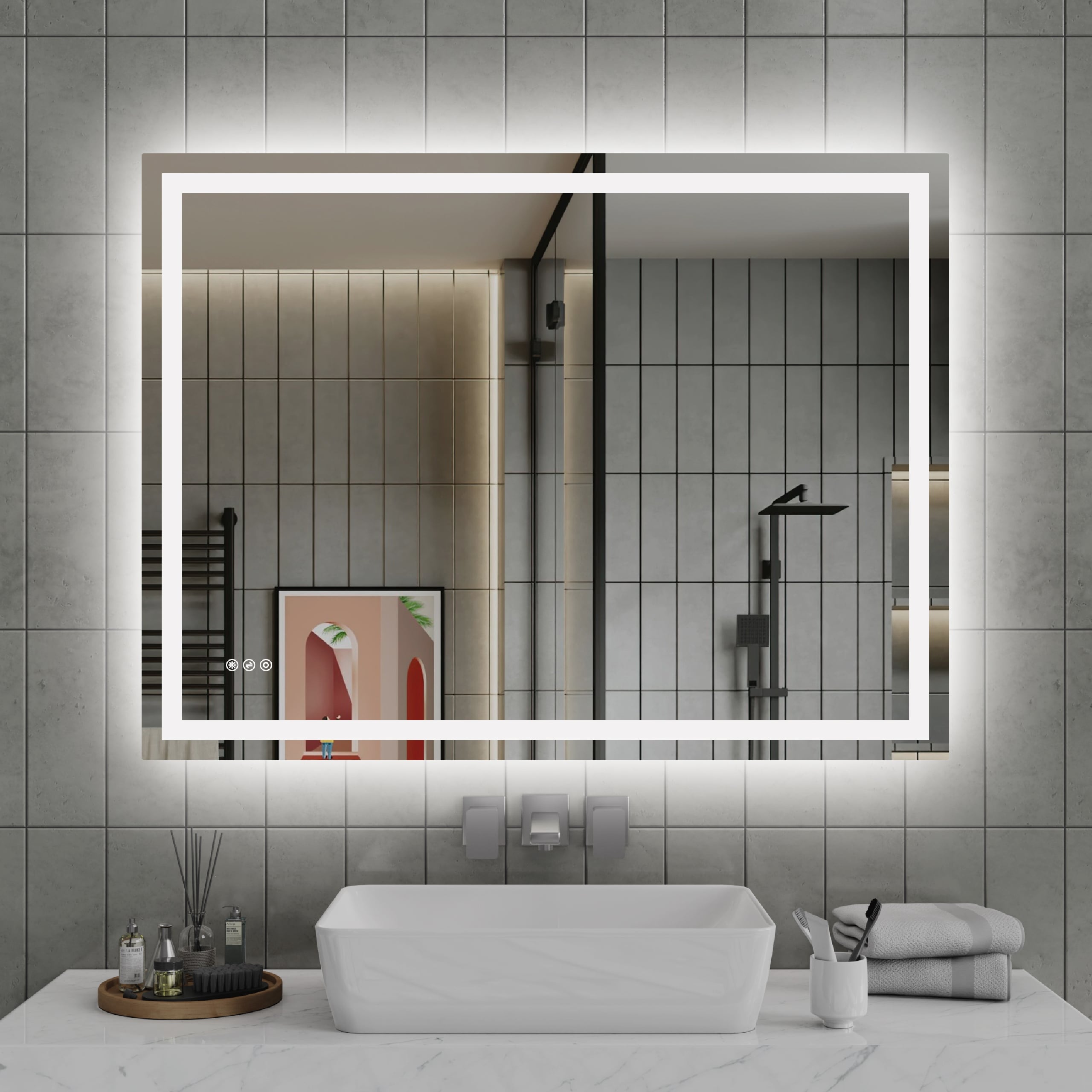 AAZJ DR-P320625 Bathroom Mirrors 36-in x 48-in Beveled Frameless Rectangle Dimmable LED Lighted Fog Free Bathroom Vanity Mirror ( Transparent )