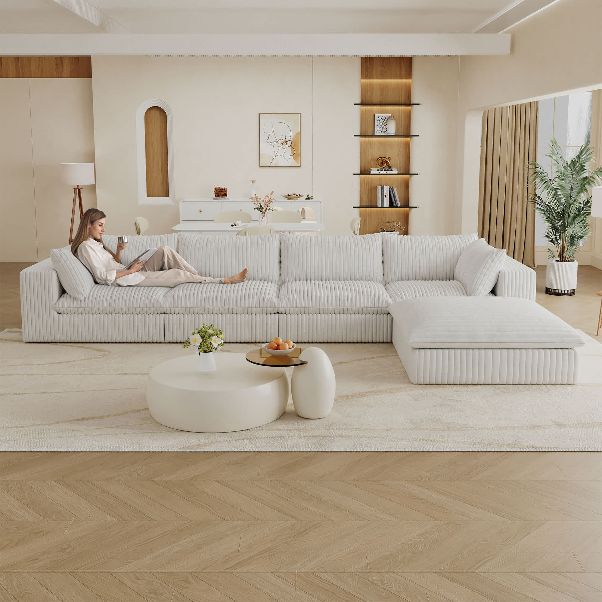 Misty Moon FXLW0403-S00101 157.6 Inch White Cloud Sofa Corduroy Fabric Deep Seat Couches with 1 Ottoman Double-layer design Removable Cushion