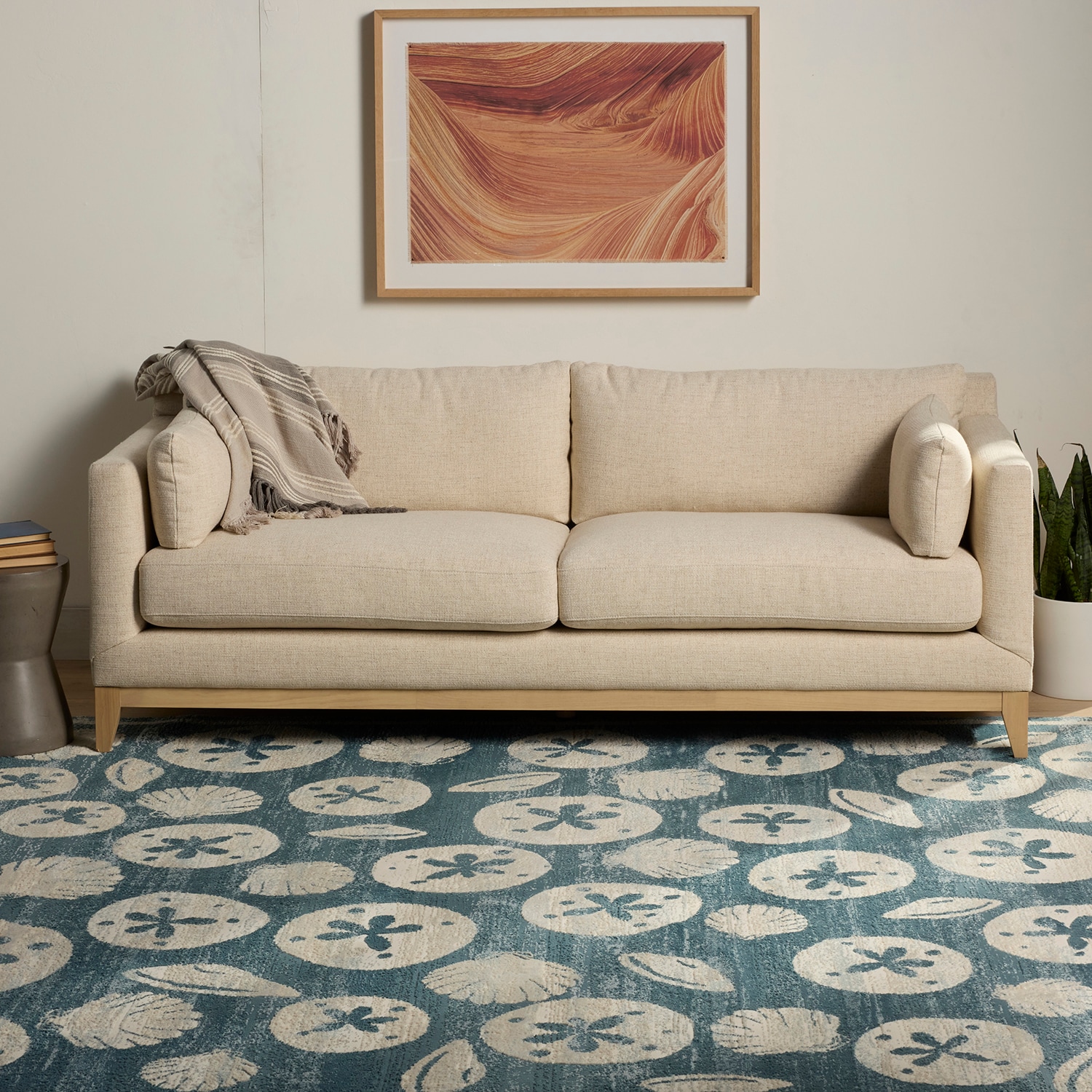 allen + roth L66096BBNA90C0 Shaping Shores 9 x 12 (ft) Loomed Polyester Blue/Natural Rectangular Indoor Coastal Machine washable Area rug