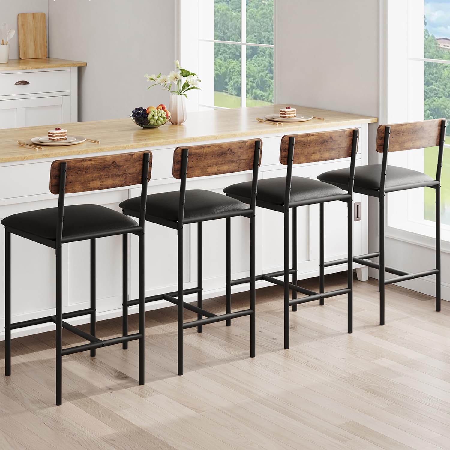 Qeetex LHF-YZ-PHO-0YDDPUBE Bar Stools Set of 4 - Kitchen Bar Stools with Footrest - PU Upholstered Counter Height Barstools - Bar Chairs with Back for Kitchen Island/Apartment/Counter Bar - Easy Assembly - Brown