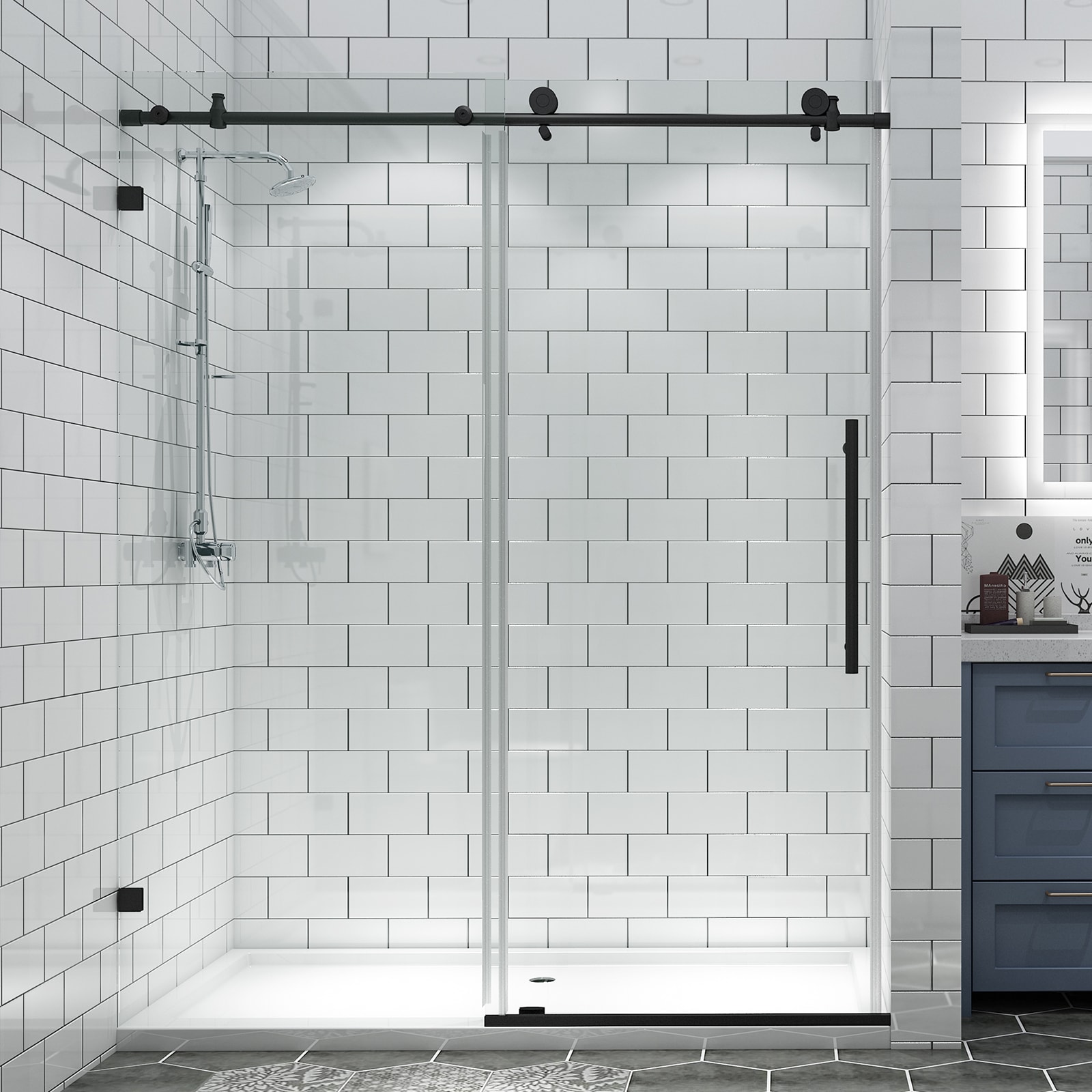 CASAINC EXB-BP05P2-MB Shower Door Matte Black 60-in W x 74-Inches H Frameless Standard Bypass Sliding Shower door 5/16-in Thick Clear Glass