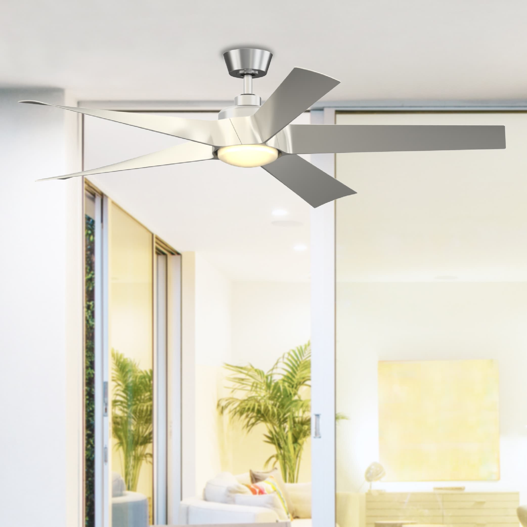 Fanimation Studio Collection LP7614LBN Radius 60-in Color-Changing Integrated LED Outdoor Brushed Nickel with Silver Blades Ceiling Fan With Light - Remote Included ( 5 -Blade )