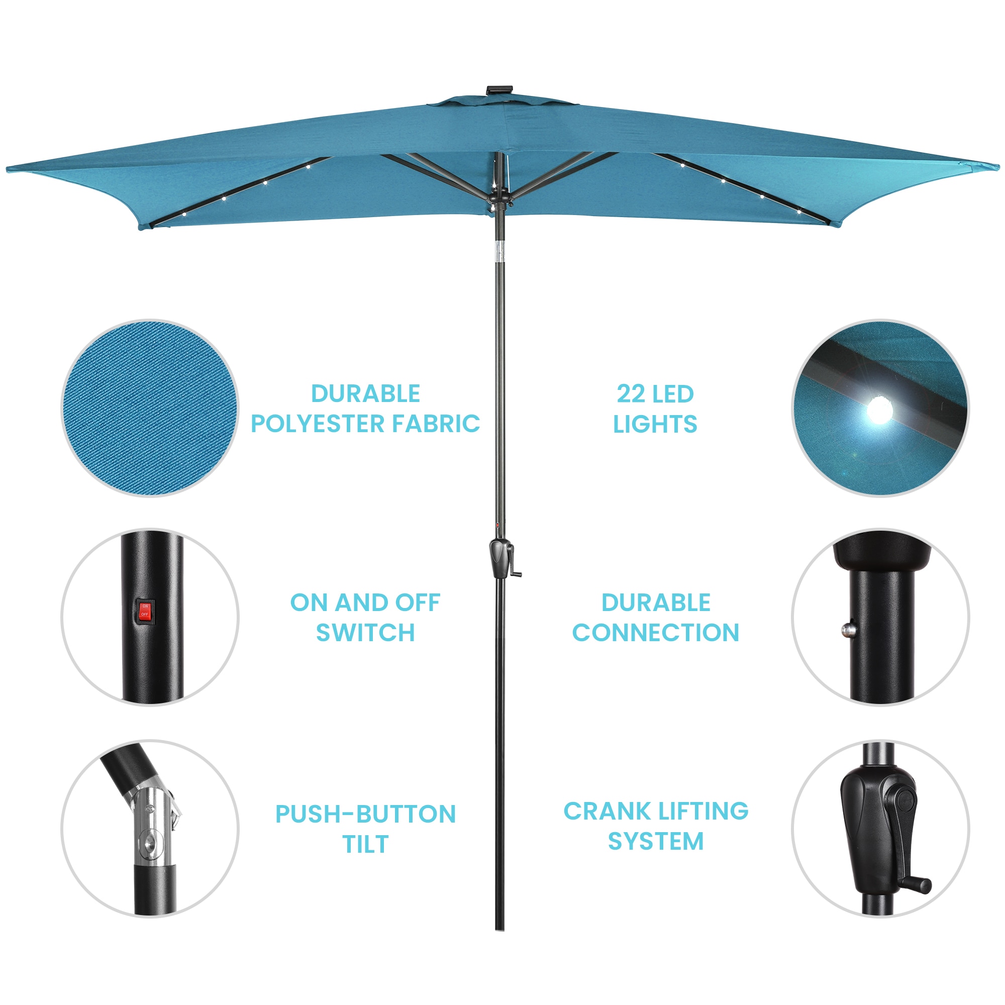 Teal Rectangular Solar LED Patio Umbrella with Steel Frame