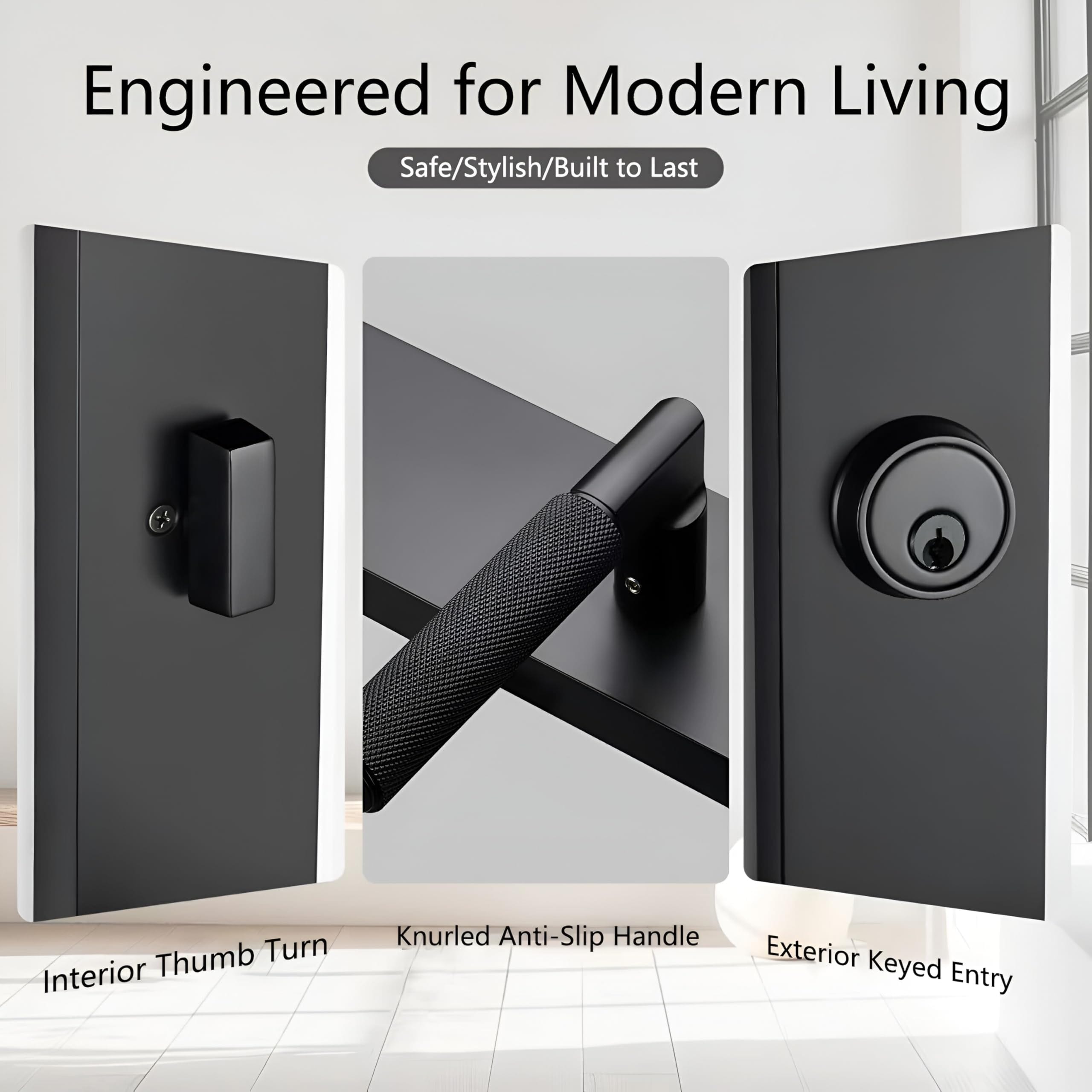 Aoibox  Matte Black Front Door Handleset with Deadbolt Knurled Exterior Lever and 3 Keys Reversible