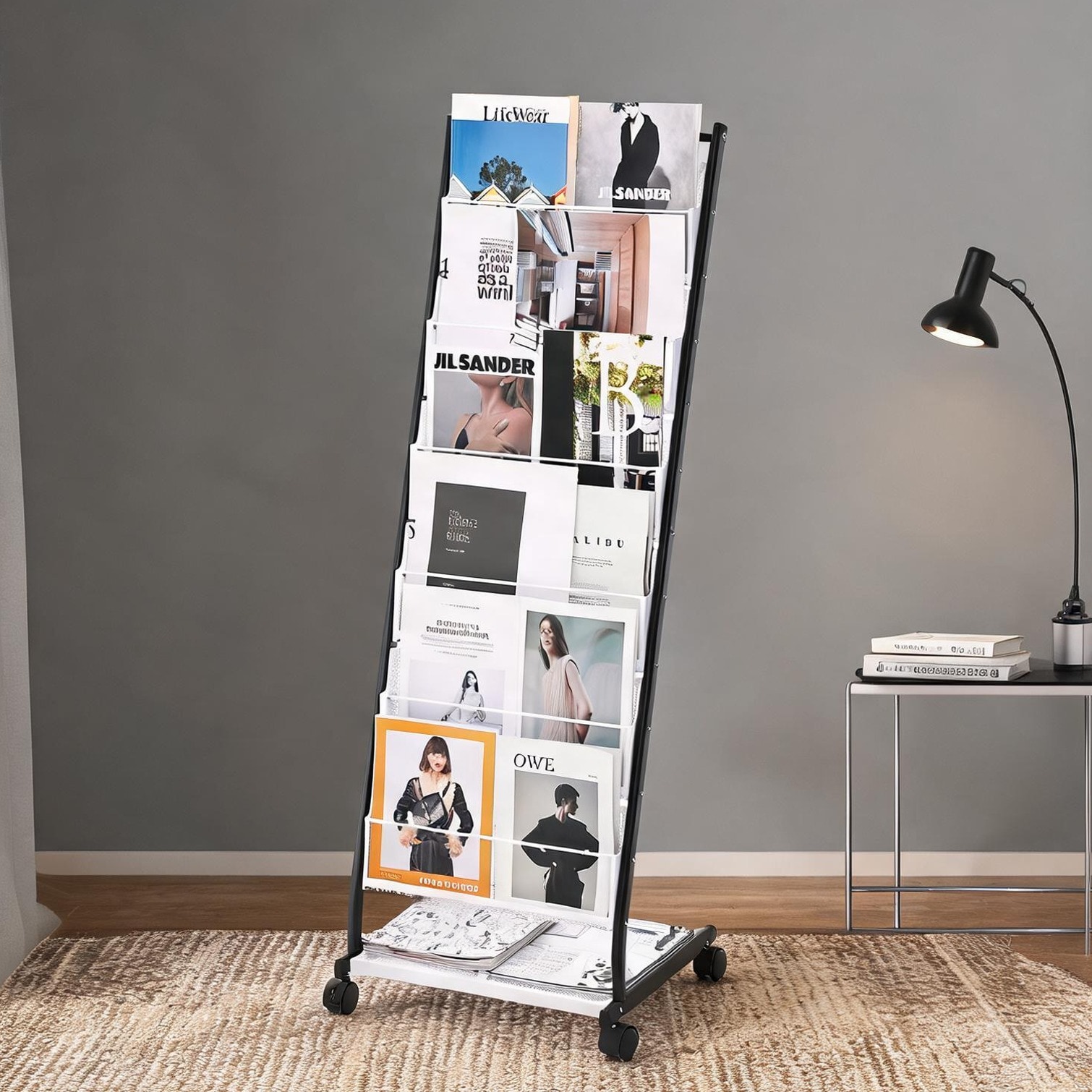 Naturefalls Freestanding 6-Tier Literature Rack in Jet Black Iron 55.12 H Rolling with Lockable Wheels