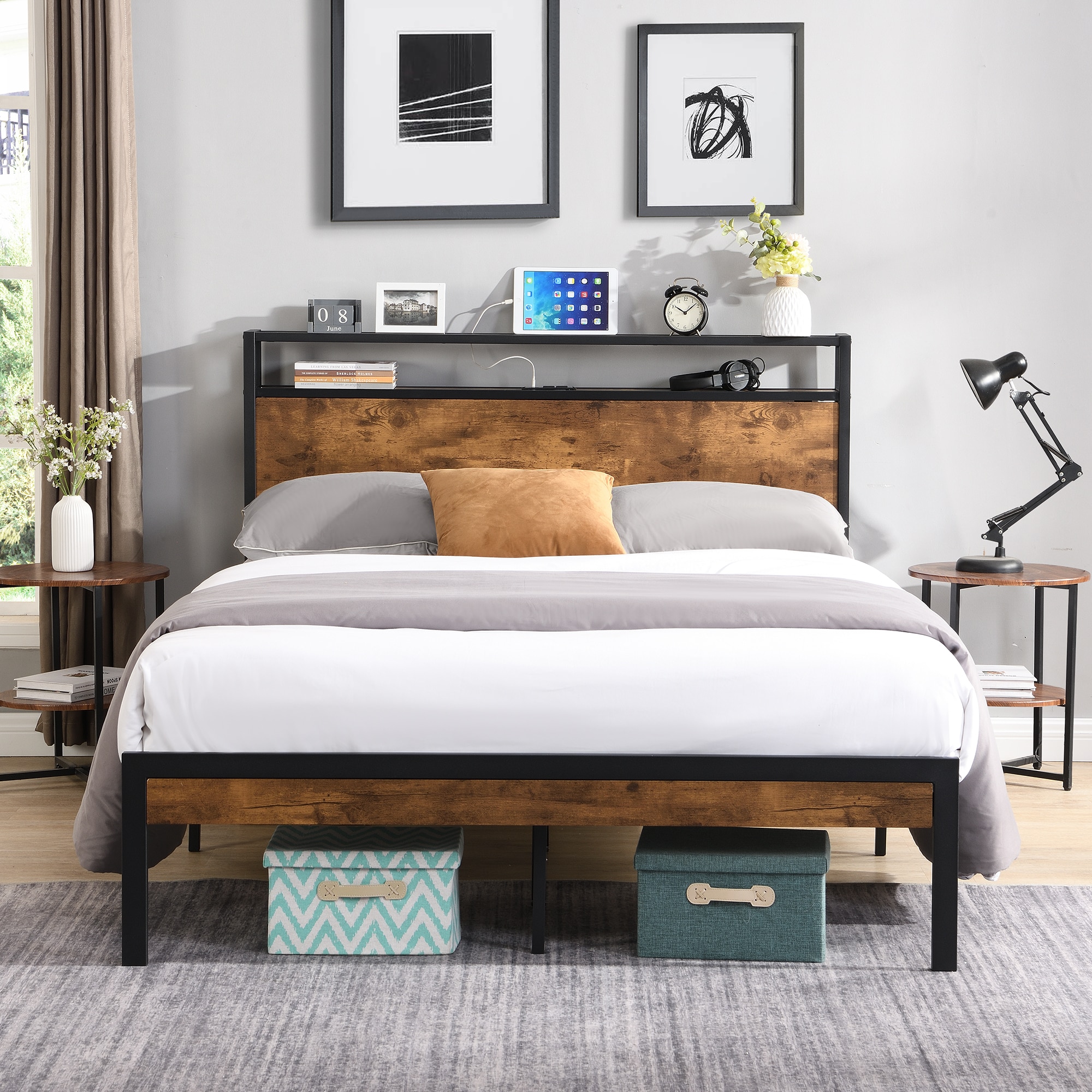 Vynxaria -  Queen Black Metal Platform Bed Frame with Storage Headboard and Charging Station and ...