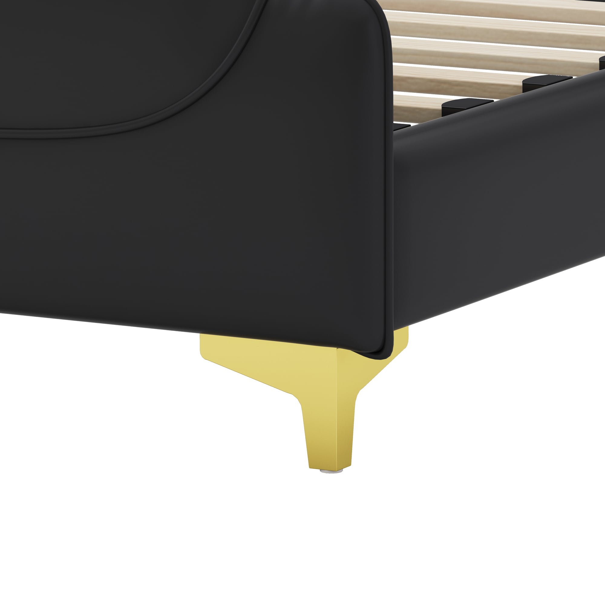 Black Faux Leather Queen Bed with Wingback Headboard and Gold Accents