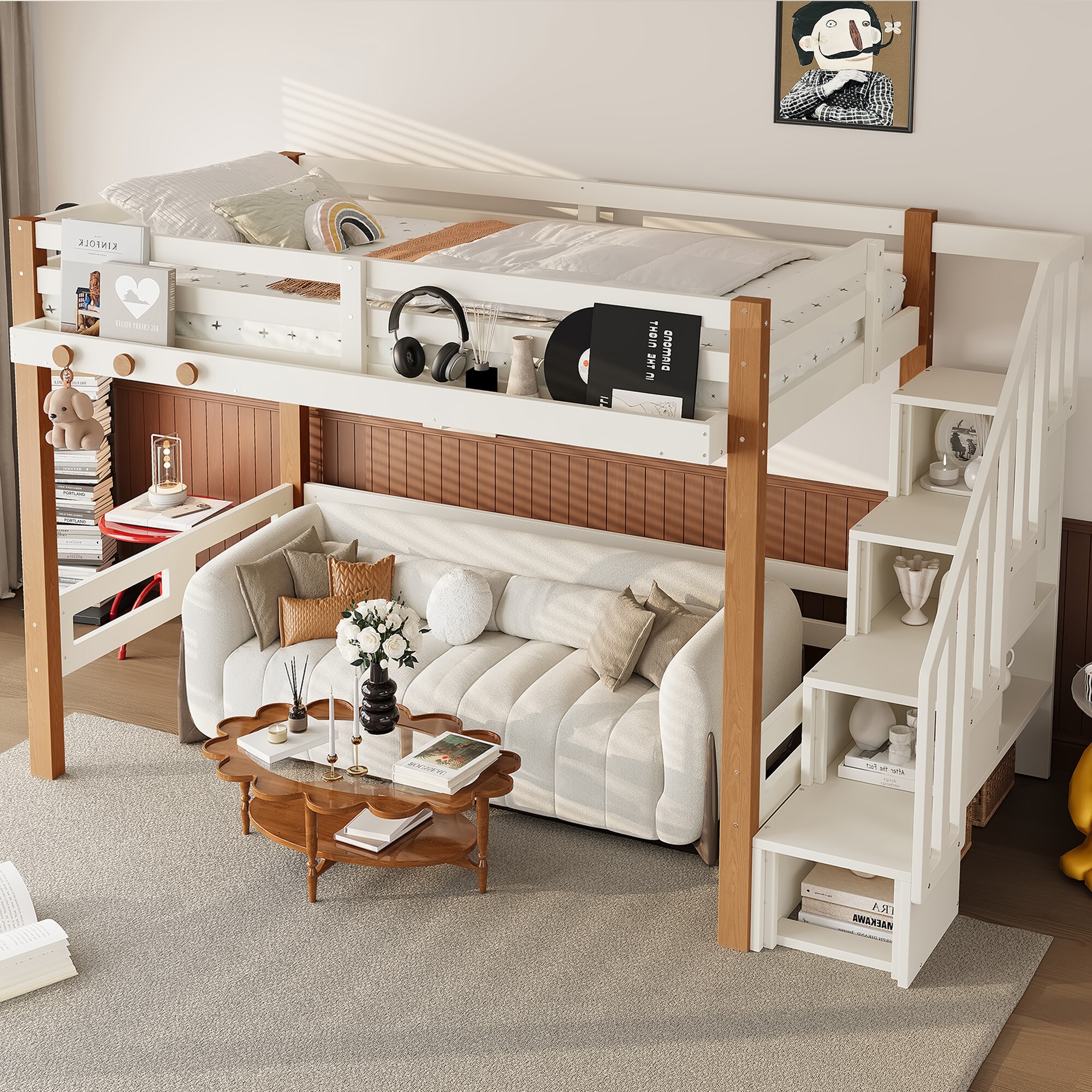 Bellemave - Twin Loft Bed with Clothes Hook and Storage Shelves Wood Frame with Little Bookshelve...
