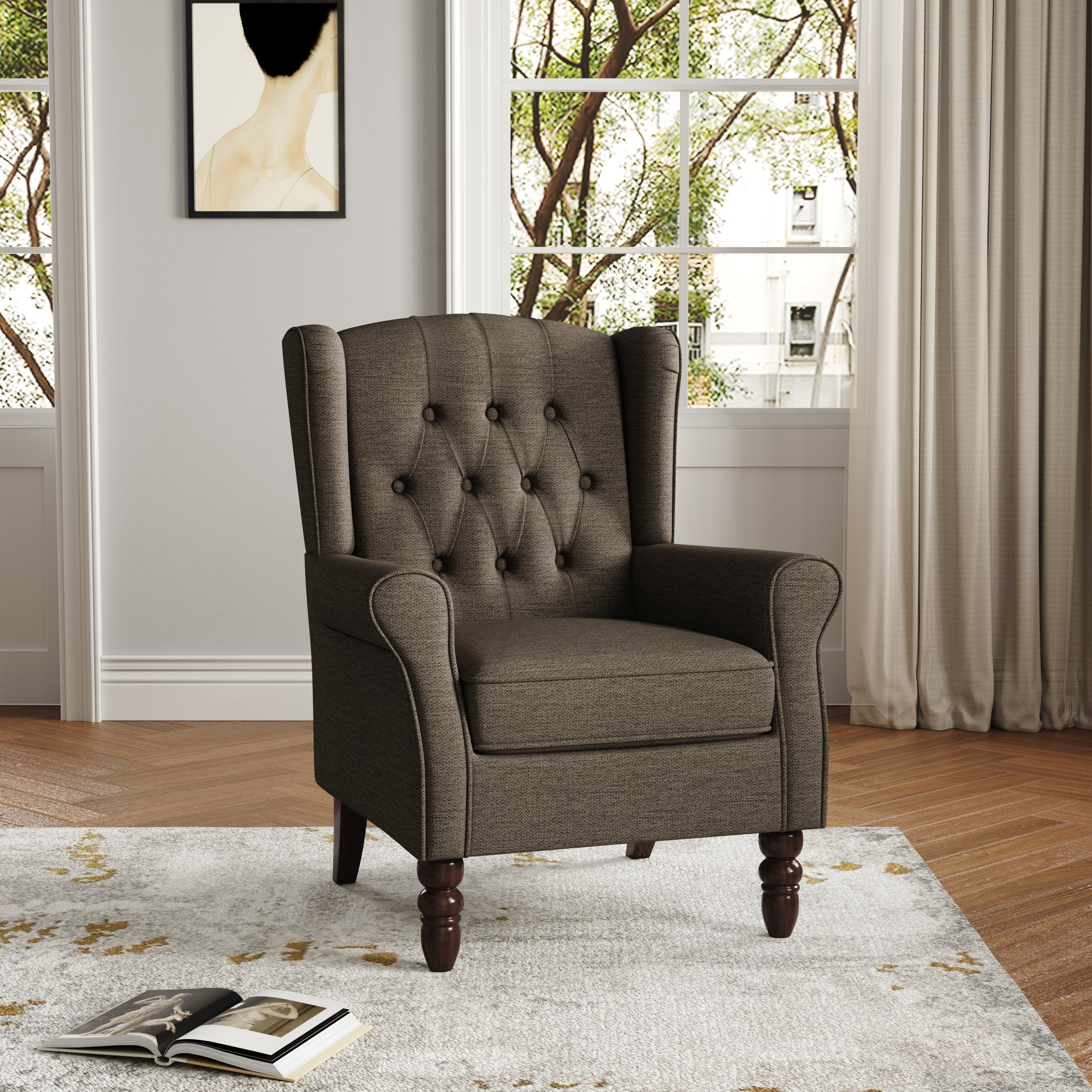 Dreamsidea Cotton Wooden Accent Armchair With Button Tufting On The Backrest Taupe