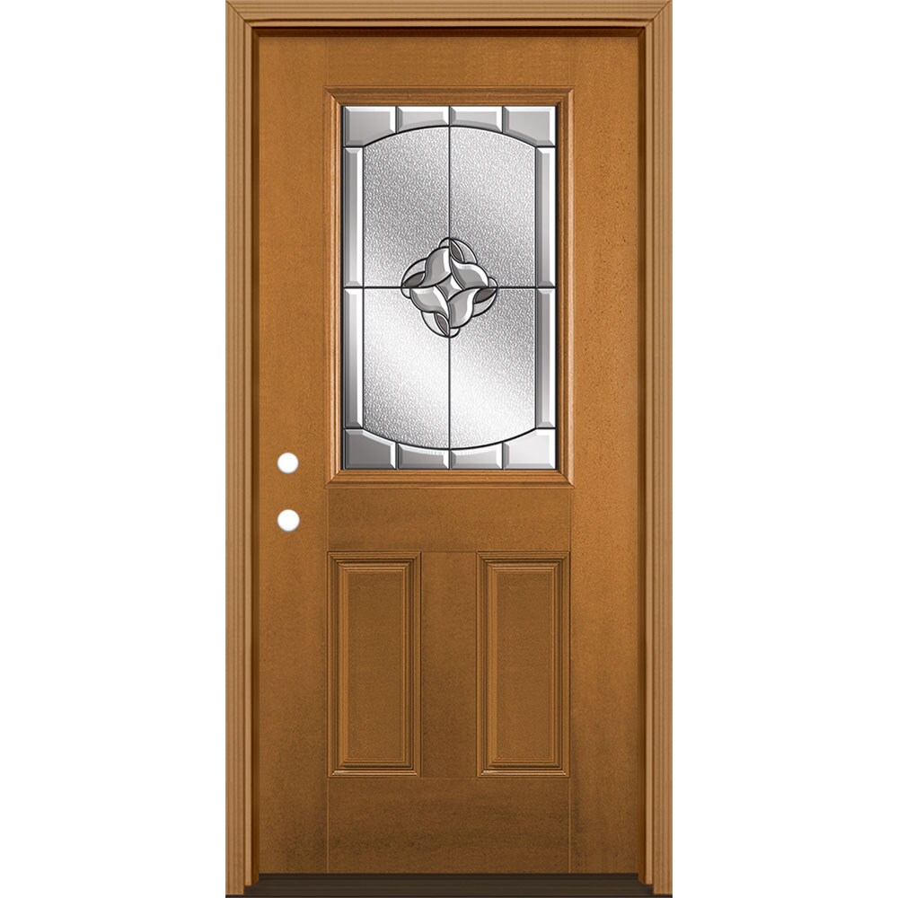 Masonite 3422904 Rozet 36-in x 80-in x 4-9/16-in Fiberglass Half lite Right-hand inswing Oakcrest Stained Prehung Single door Front Door with Brickmould Insulating core Decorative glass